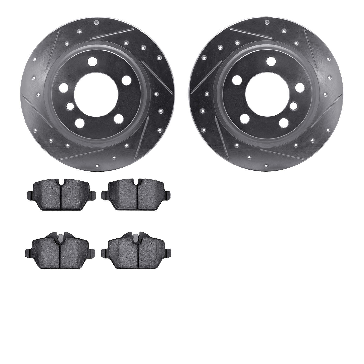 7602-32011 Drilled/Slotted Brake Rotors w/5000 Euro Ceramic Brake Pads Kit [Silver], 2013-2016 Mini, Position: Rear