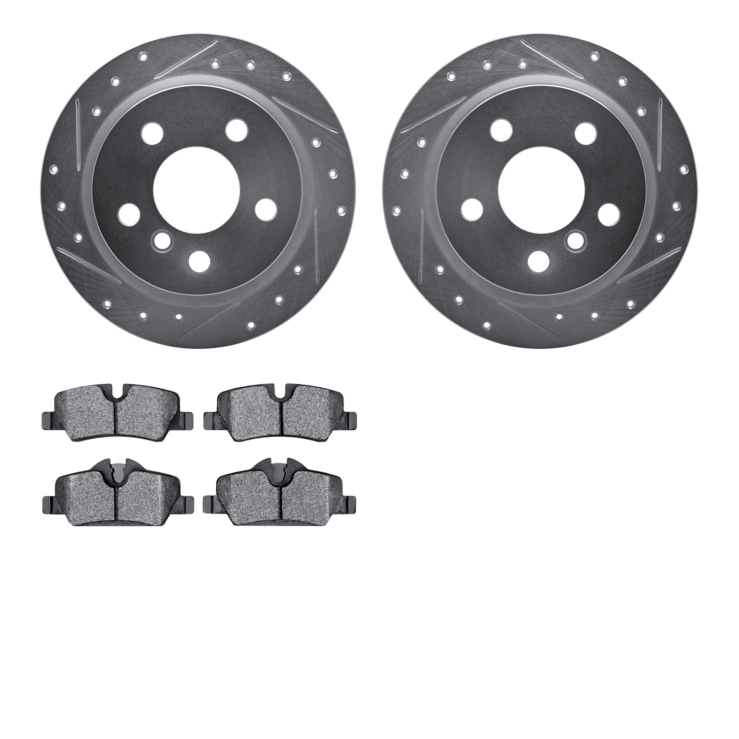 7602-32012 Drilled/Slotted Brake Rotors w/5000 Euro Ceramic Brake Pads Kit [Silver], Fits Select Mini, Position: Rear