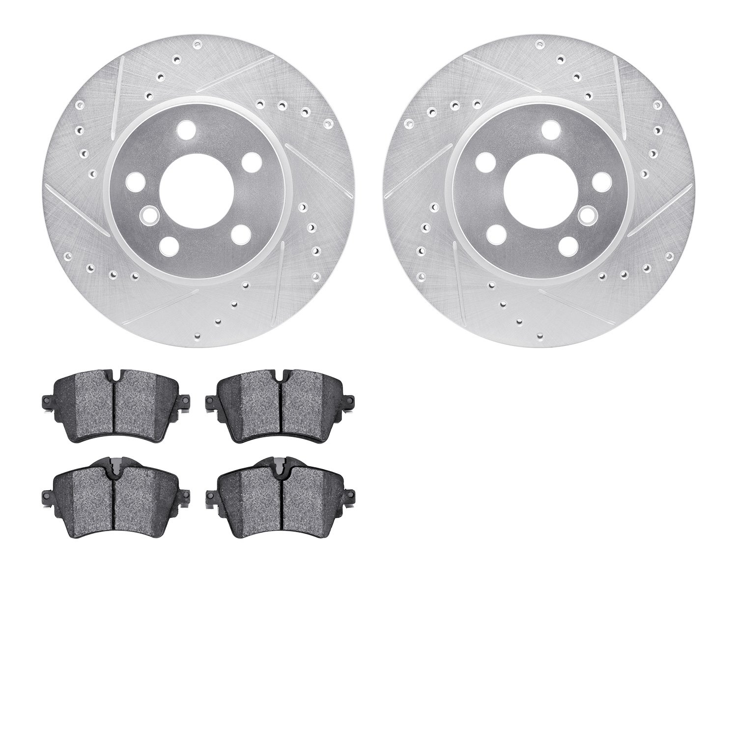 7602-32014 Drilled/Slotted Brake Rotors w/5000 Euro Ceramic Brake Pads Kit [Silver], 2014-2021 Mini, Position: Front