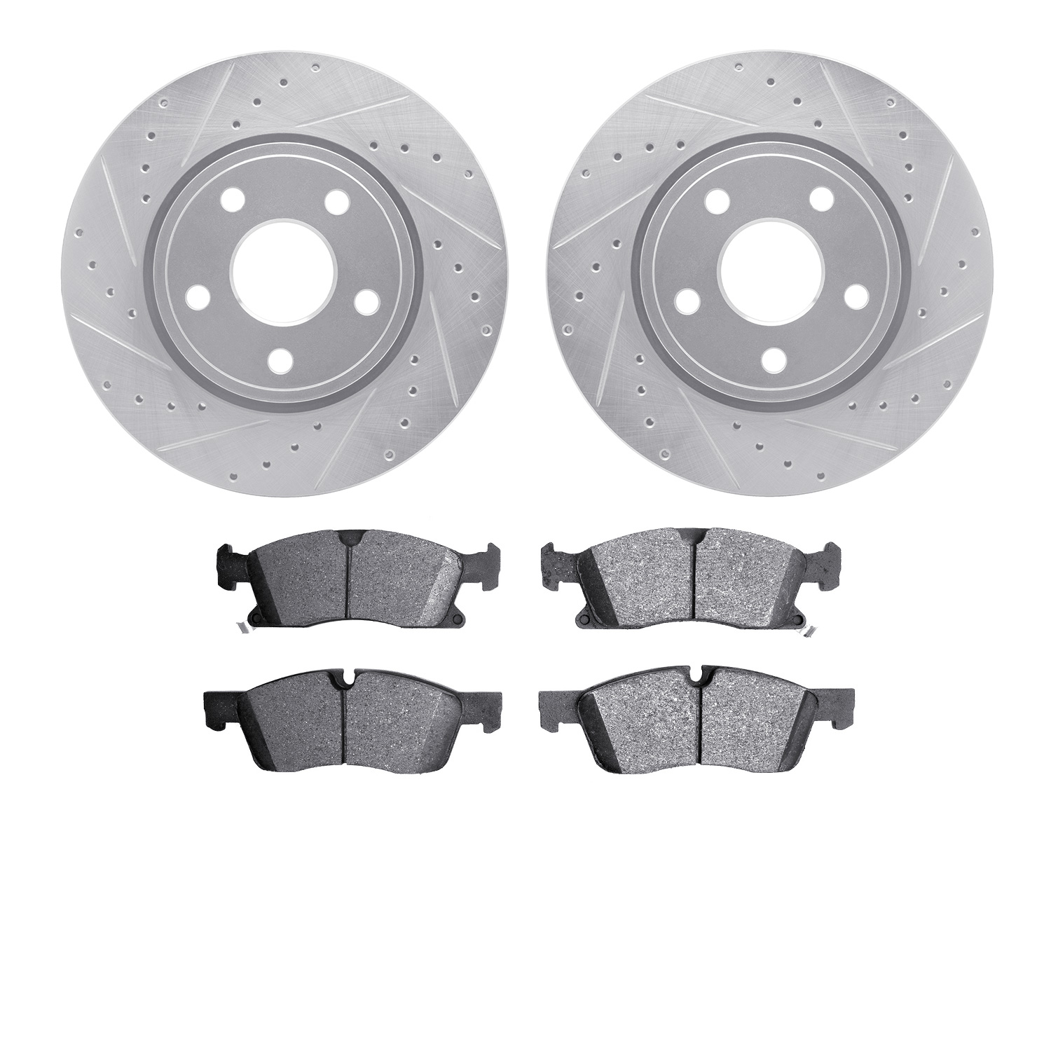 7602-42002 Drilled/Slotted Brake Rotors w/5000 Euro Ceramic Brake Pads Kit [Silver], Fits Select Mopar, Position: Front