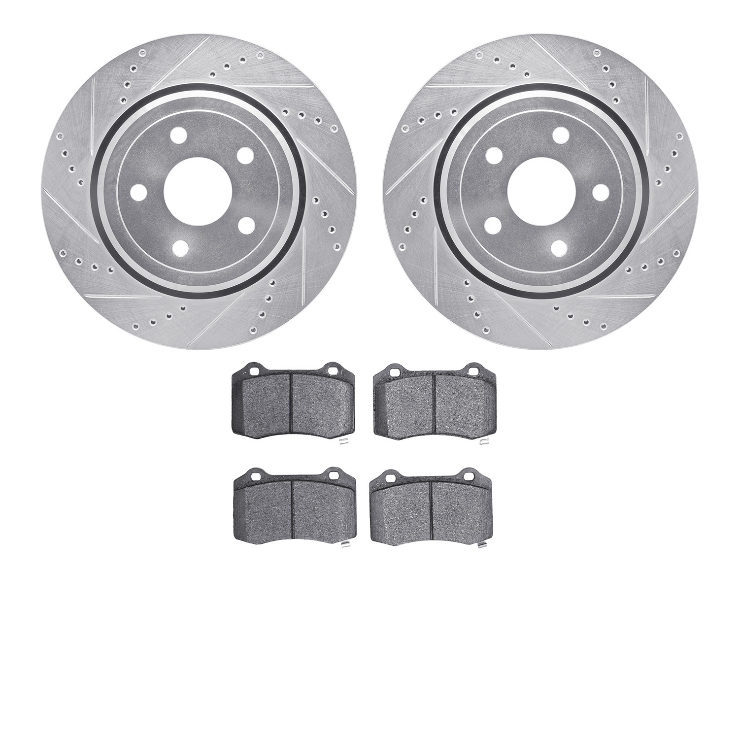 7602-42005 Drilled/Slotted Brake Rotors w/5000 Euro Ceramic Brake Pads Kit [Silver], Fits Select Mopar, Position: Rear