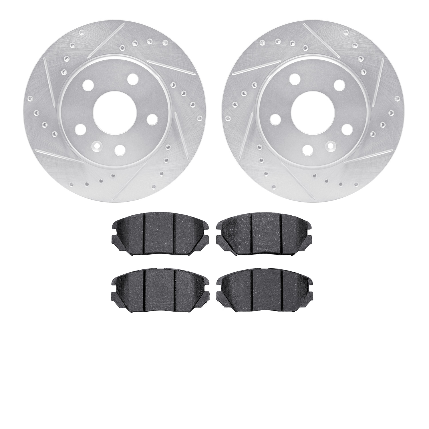 7602-45002 Drilled/Slotted Brake Rotors w/5000 Euro Ceramic Brake Pads Kit [Silver], 2011-2016 GM, Position: Front