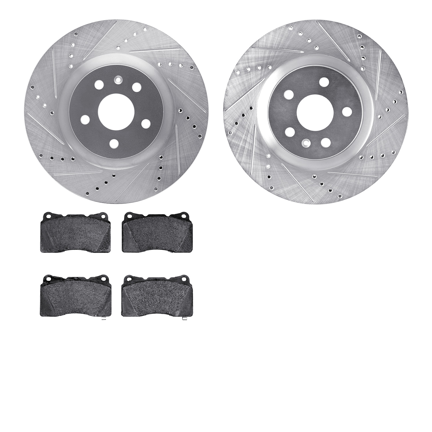 7602-45006 Drilled/Slotted Brake Rotors w/5000 Euro Ceramic Brake Pads Kit [Silver], 2009-2013 GM, Position: Front