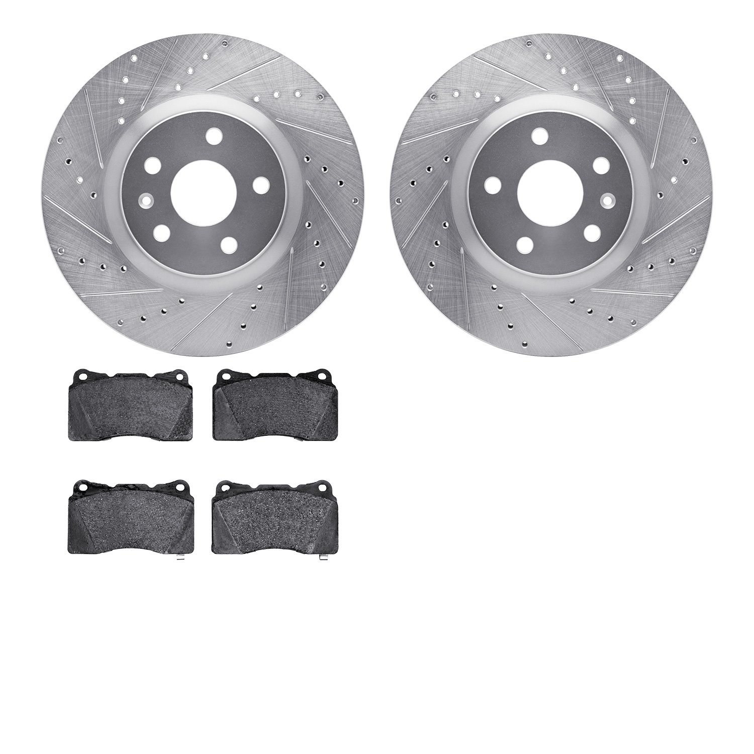 7602-45009 Drilled/Slotted Brake Rotors w/5000 Euro Ceramic Brake Pads Kit [Silver], 2013-2019 GM, Position: Front