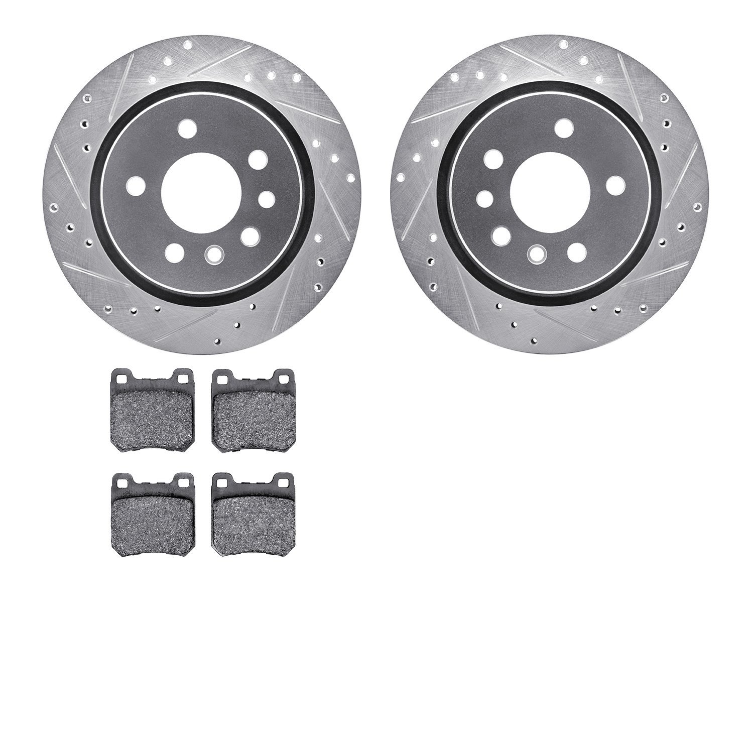 7602-46001 Drilled/Slotted Brake Rotors w/5000 Euro Ceramic Brake Pads Kit [Silver], 2001-2001 GM, Position: Rear