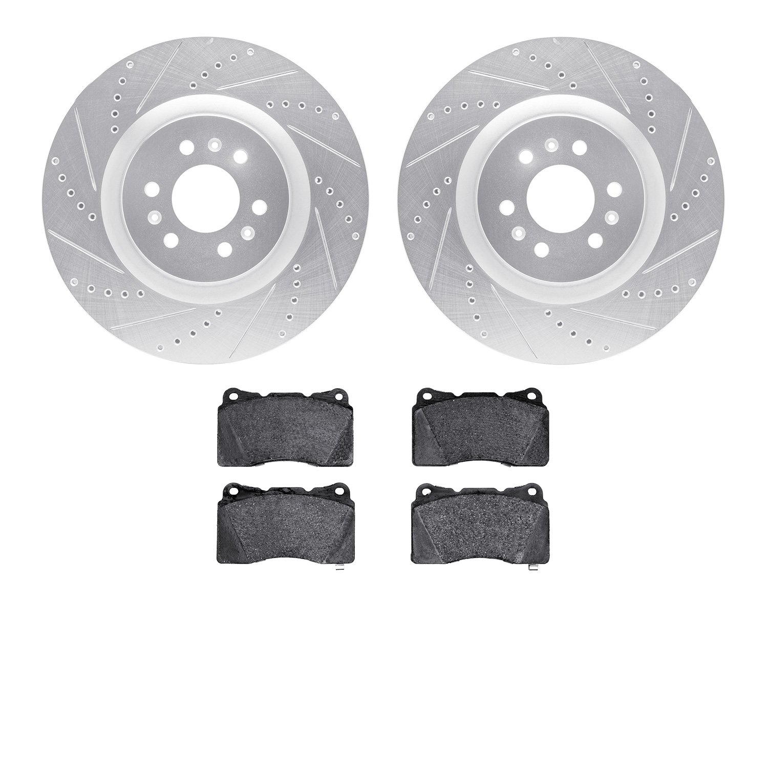 7602-46003 Drilled/Slotted Brake Rotors w/5000 Euro Ceramic Brake Pads Kit [Silver], 2004-2011 GM, Position: Front