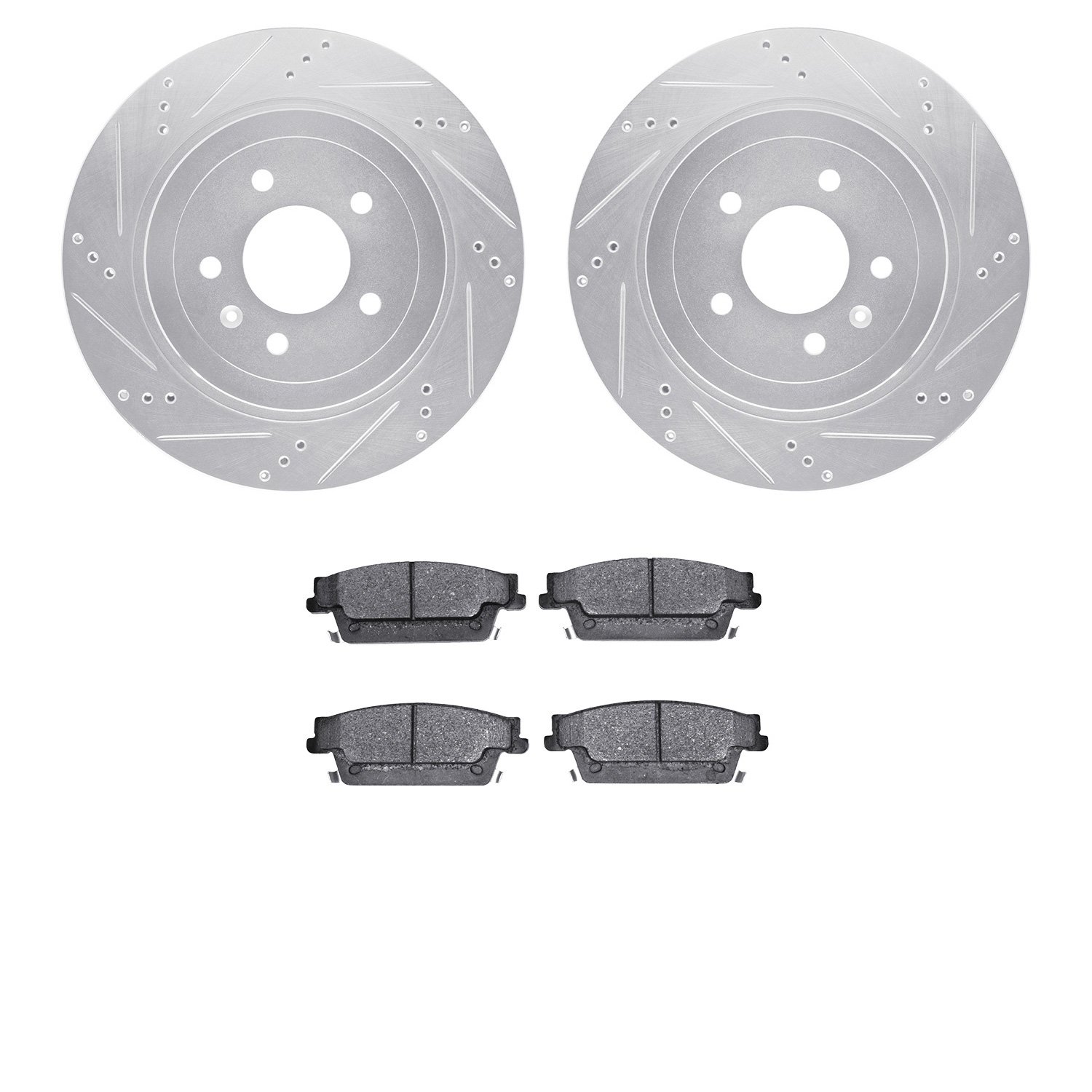 7602-46007 Drilled/Slotted Brake Rotors w/5000 Euro Ceramic Brake Pads Kit [Silver], 2005-2011 GM, Position: Rear