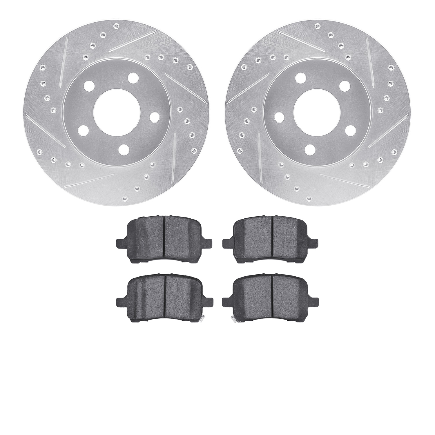 7602-47003 Drilled/Slotted Brake Rotors w/5000 Euro Ceramic Brake Pads Kit [Silver], 2004-2008 GM, Position: Front