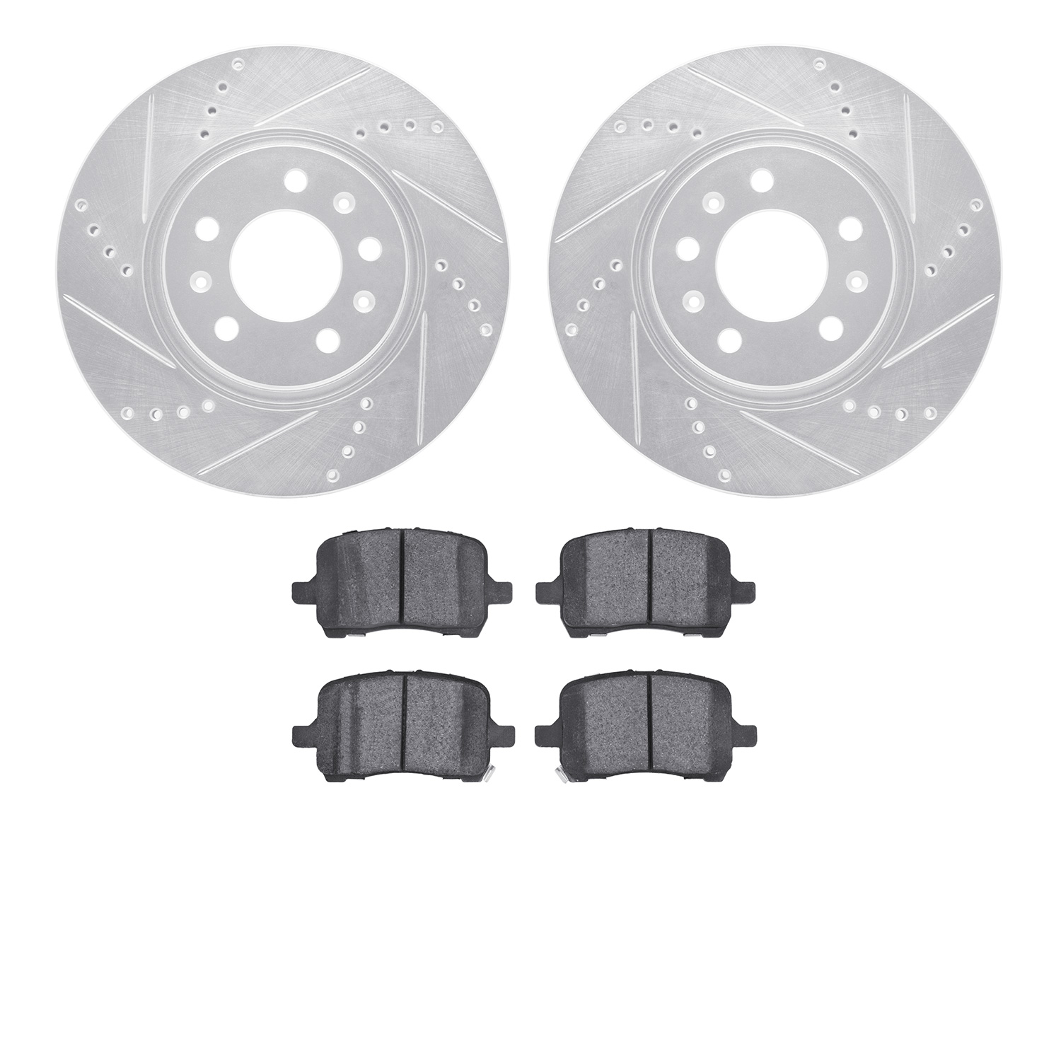 7602-53001 Drilled/Slotted Brake Rotors w/5000 Euro Ceramic Brake Pads Kit [Silver], 2006-2010 GM, Position: Front