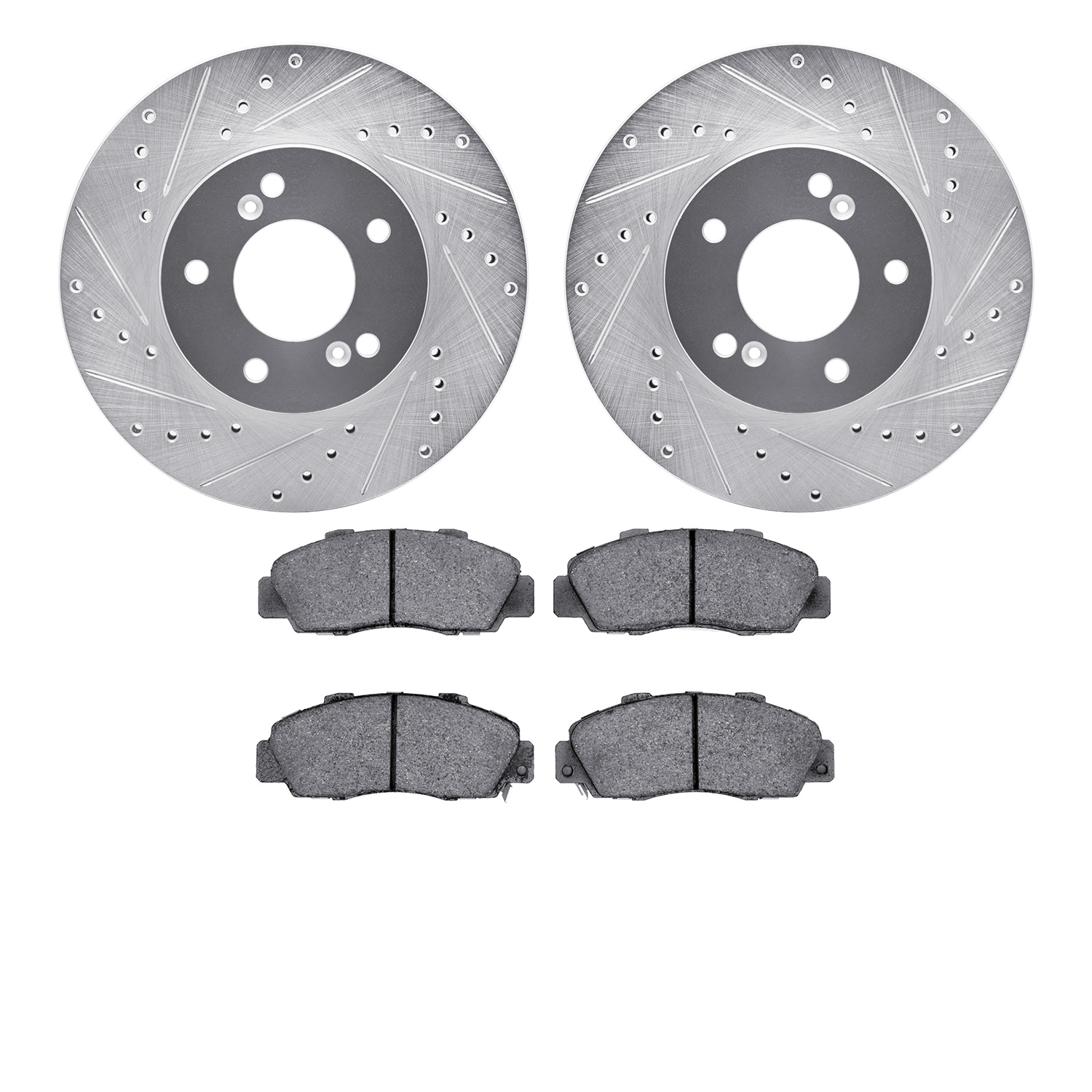 7602-59003 Drilled/Slotted Brake Rotors w/5000 Euro Ceramic Brake Pads Kit [Silver], 1991-2001 Multiple Makes/Models, Position: