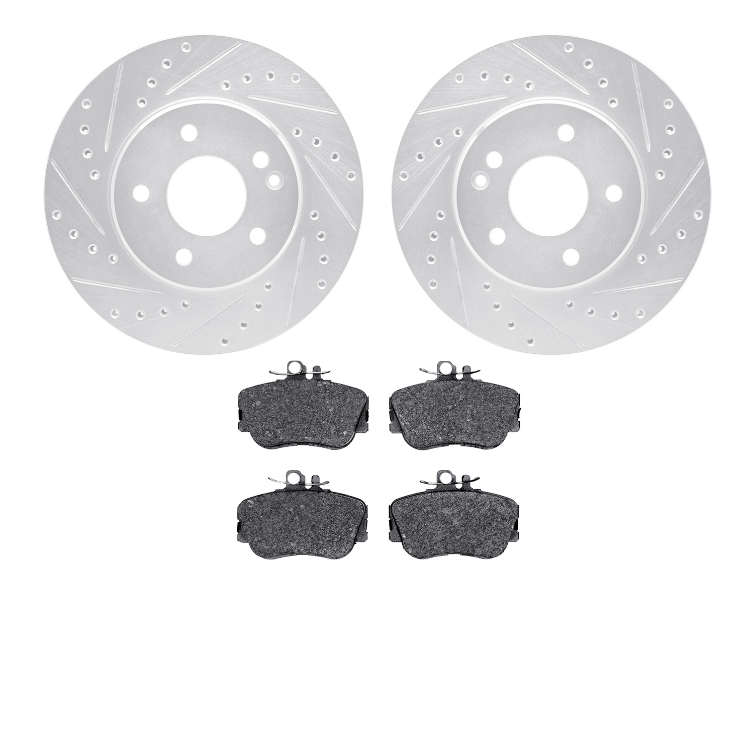 7602-63000 Drilled/Slotted Brake Rotors w/5000 Euro Ceramic Brake Pads Kit [Silver], 1994-1997 Mercedes-Benz, Position: Front