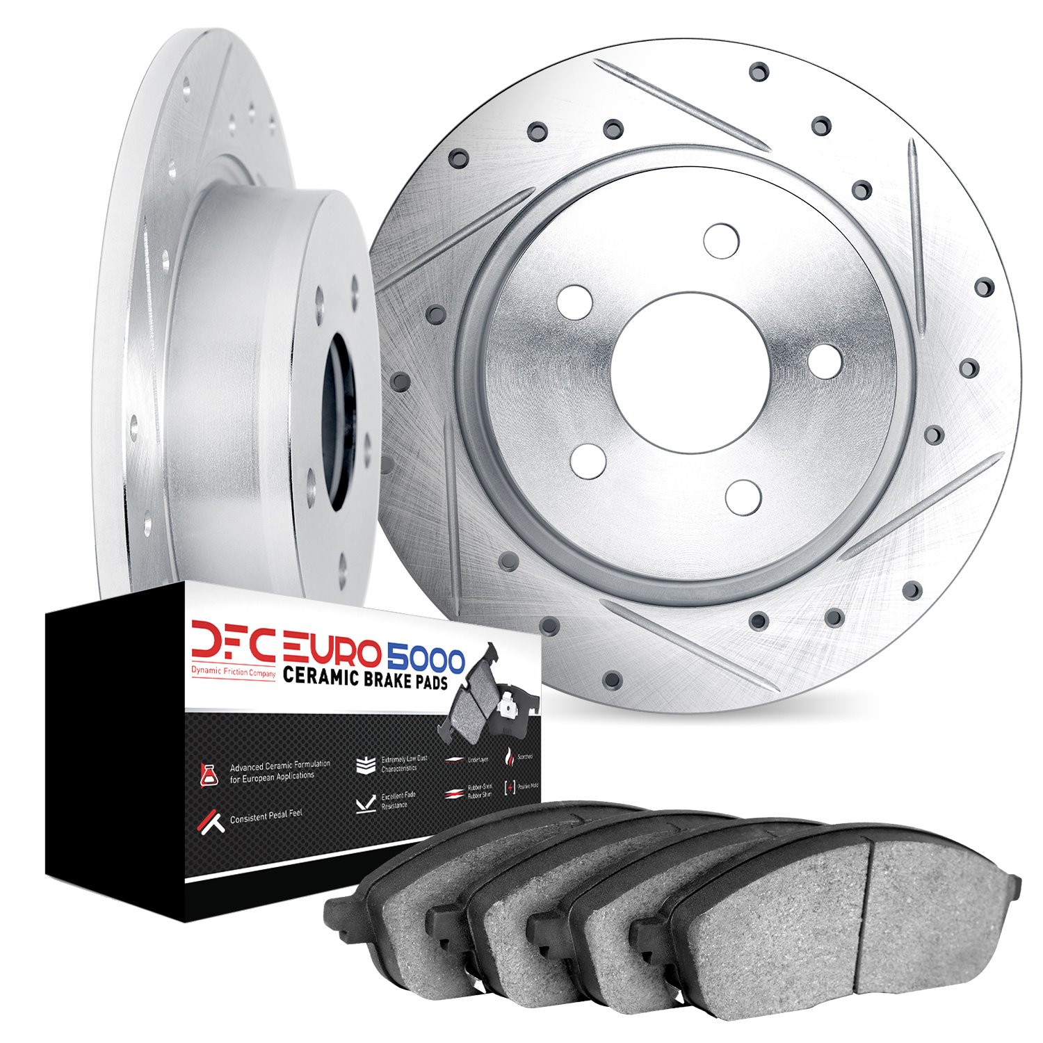 7602-63002 Drilled/Slotted Brake Rotors w/5000 Euro Ceramic Brake Pads Kit [Silver], 1965-1973 Mercedes-Benz, Position: Front