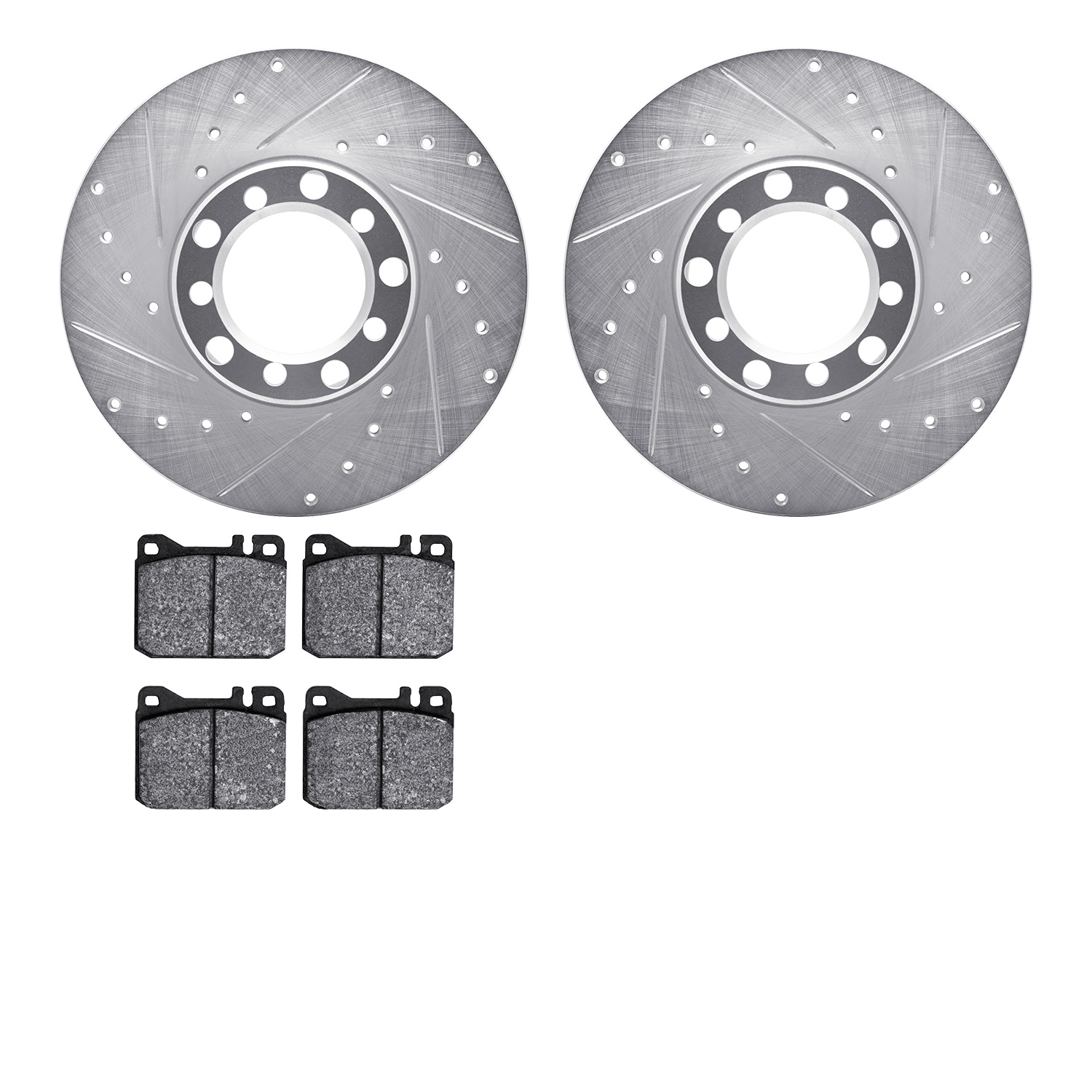 7602-63006 Drilled/Slotted Brake Rotors w/5000 Euro Ceramic Brake Pads Kit [Silver], 1973-1979 Mercedes-Benz, Position: Front