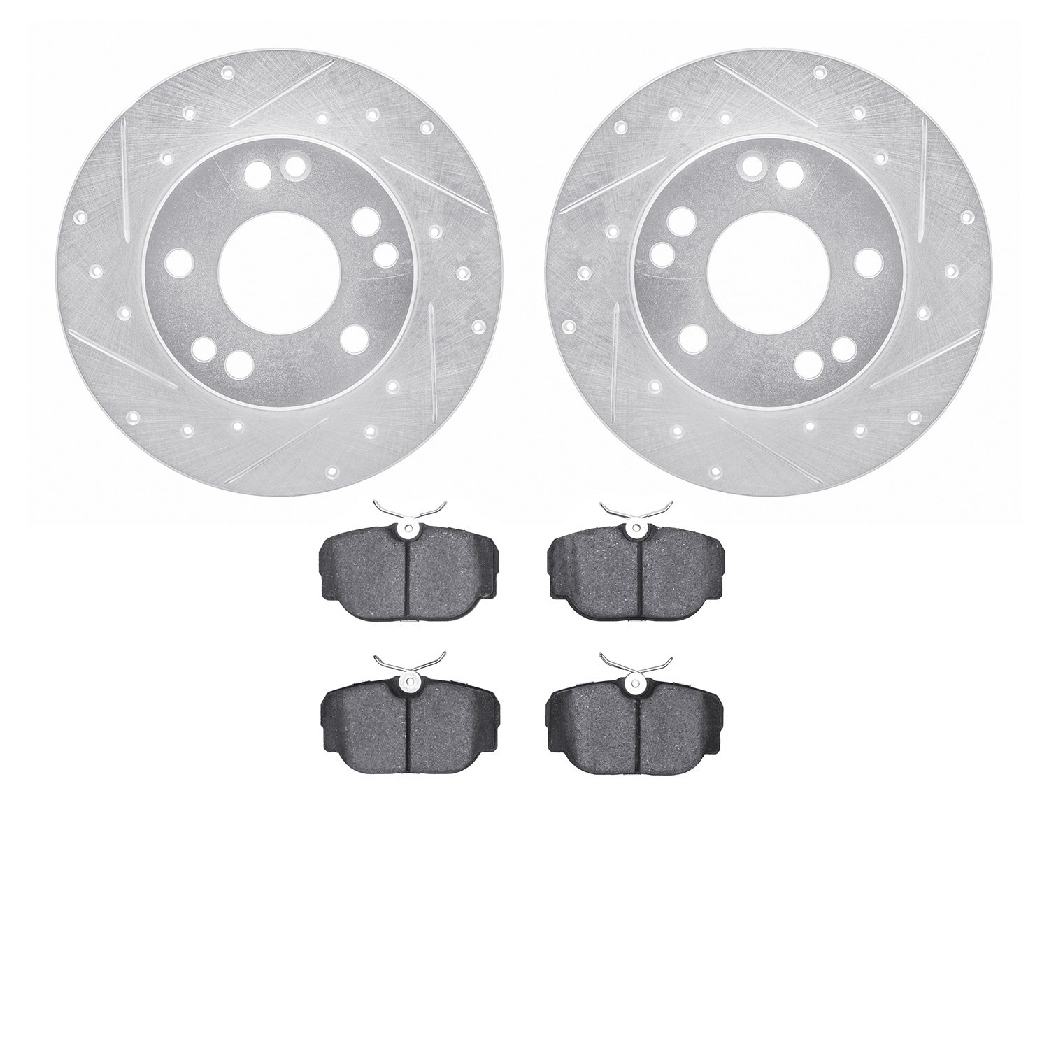 7602-63012 Drilled/Slotted Brake Rotors w/5000 Euro Ceramic Brake Pads Kit [Silver], 1984-1989 Mercedes-Benz, Position: Front