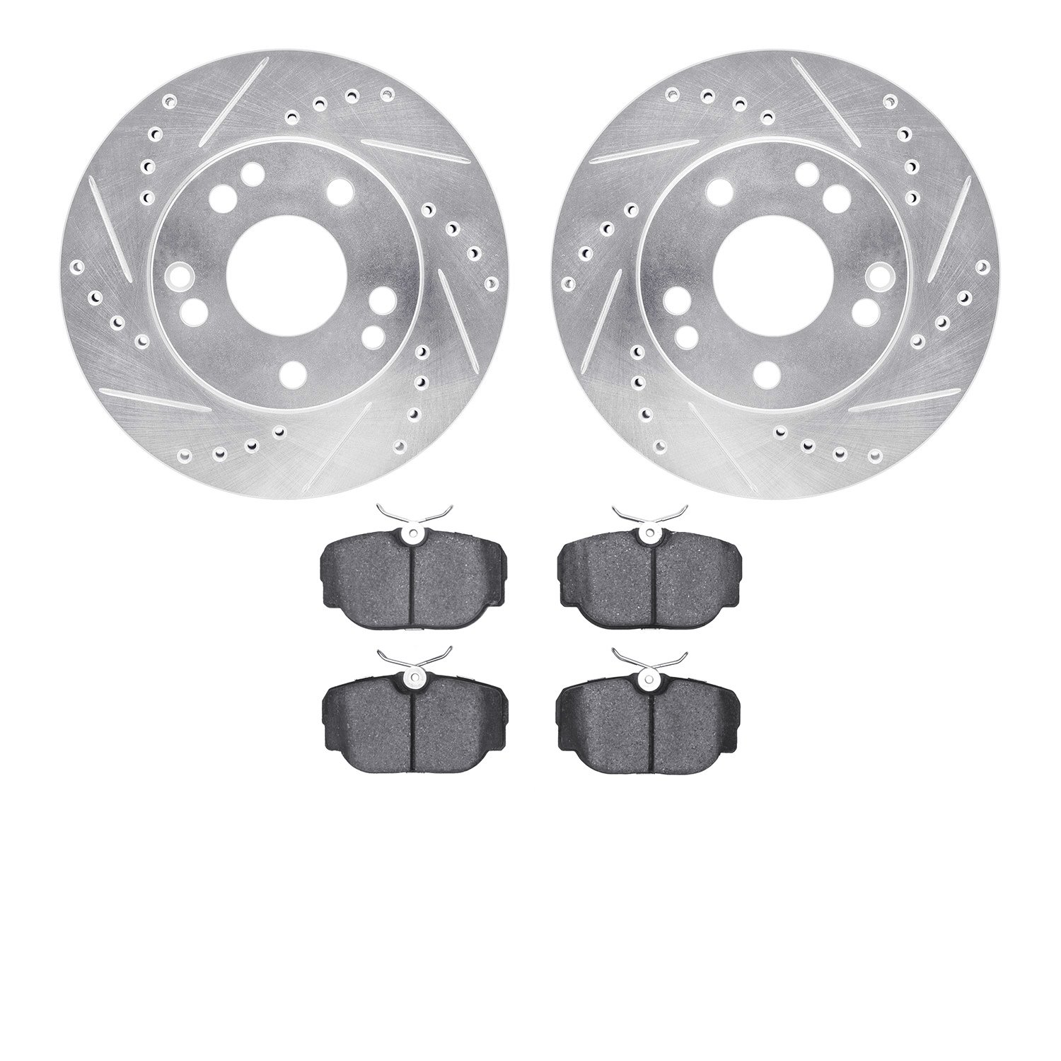 7602-63013 Drilled/Slotted Brake Rotors w/5000 Euro Ceramic Brake Pads Kit [Silver], 1987-1993 Mercedes-Benz, Position: Front