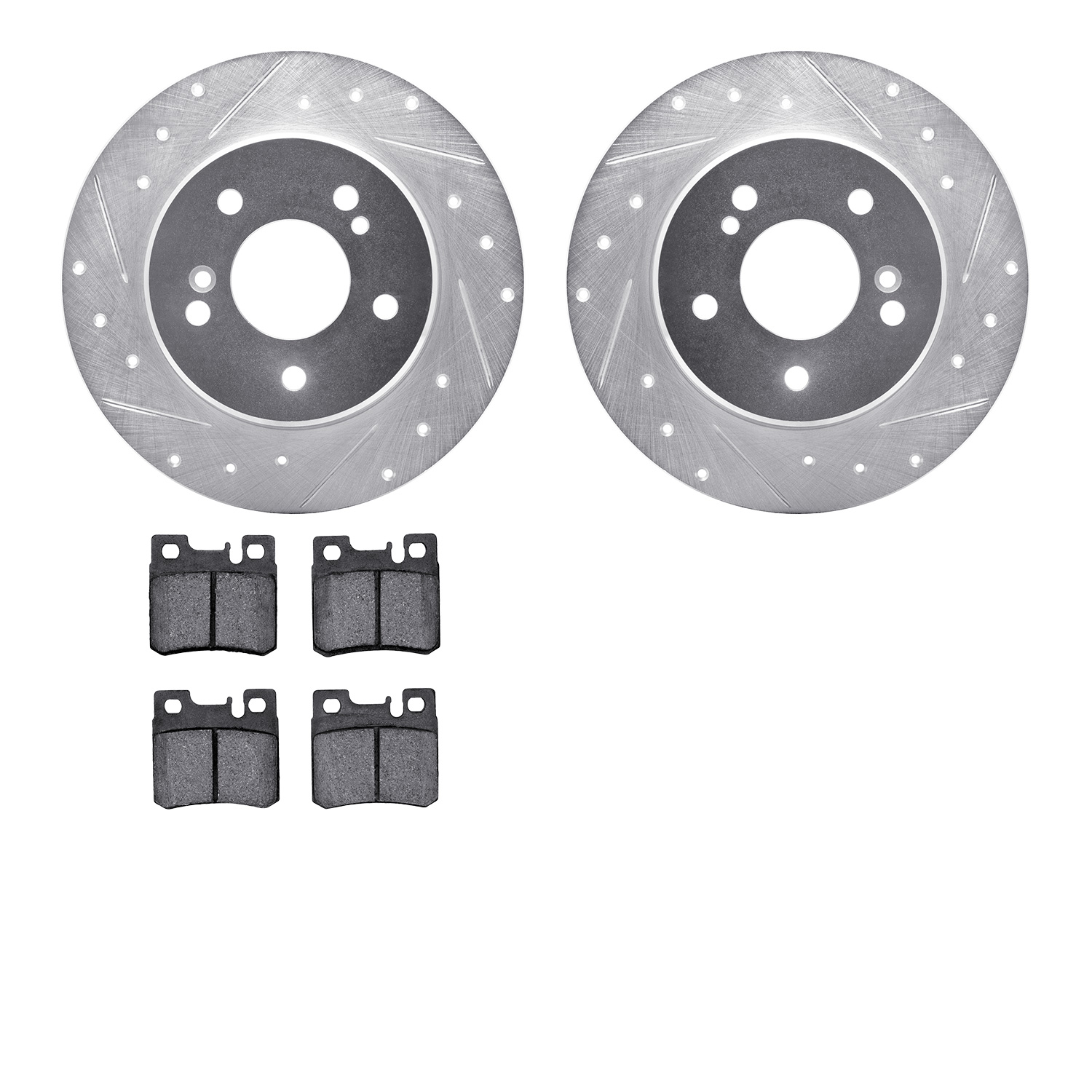7602-63014 Drilled/Slotted Brake Rotors w/5000 Euro Ceramic Brake Pads Kit [Silver], 1987-2000 Mercedes-Benz, Position: Rear