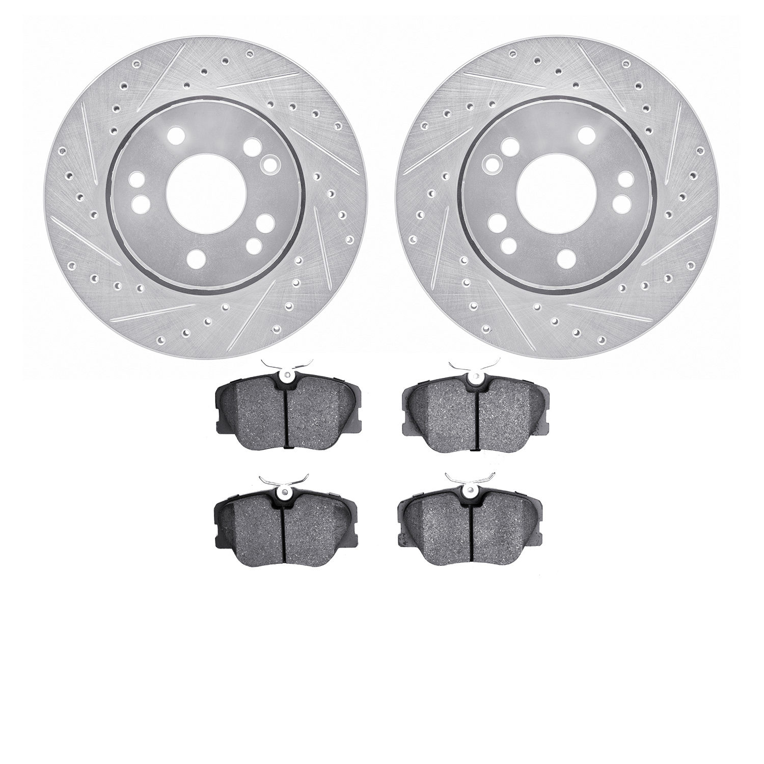 7602-63016 Drilled/Slotted Brake Rotors w/5000 Euro Ceramic Brake Pads Kit [Silver], 1990-1992 Mercedes-Benz, Position: Front