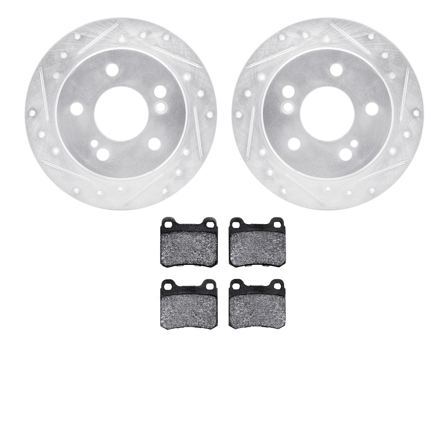 7602-63017 Drilled/Slotted Brake Rotors w/5000 Euro Ceramic Brake Pads Kit [Silver], 1984-1995 Mercedes-Benz, Position: Rear