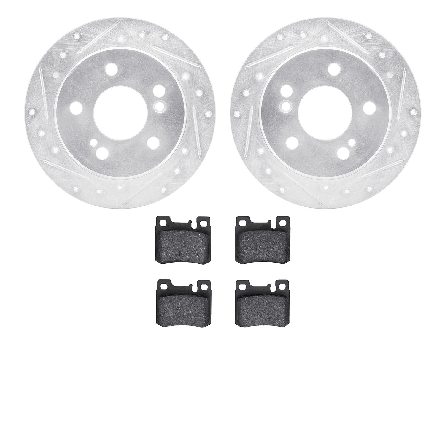 7602-63018 Drilled/Slotted Brake Rotors w/5000 Euro Ceramic Brake Pads Kit [Silver], 1986-1993 Mercedes-Benz, Position: Rear