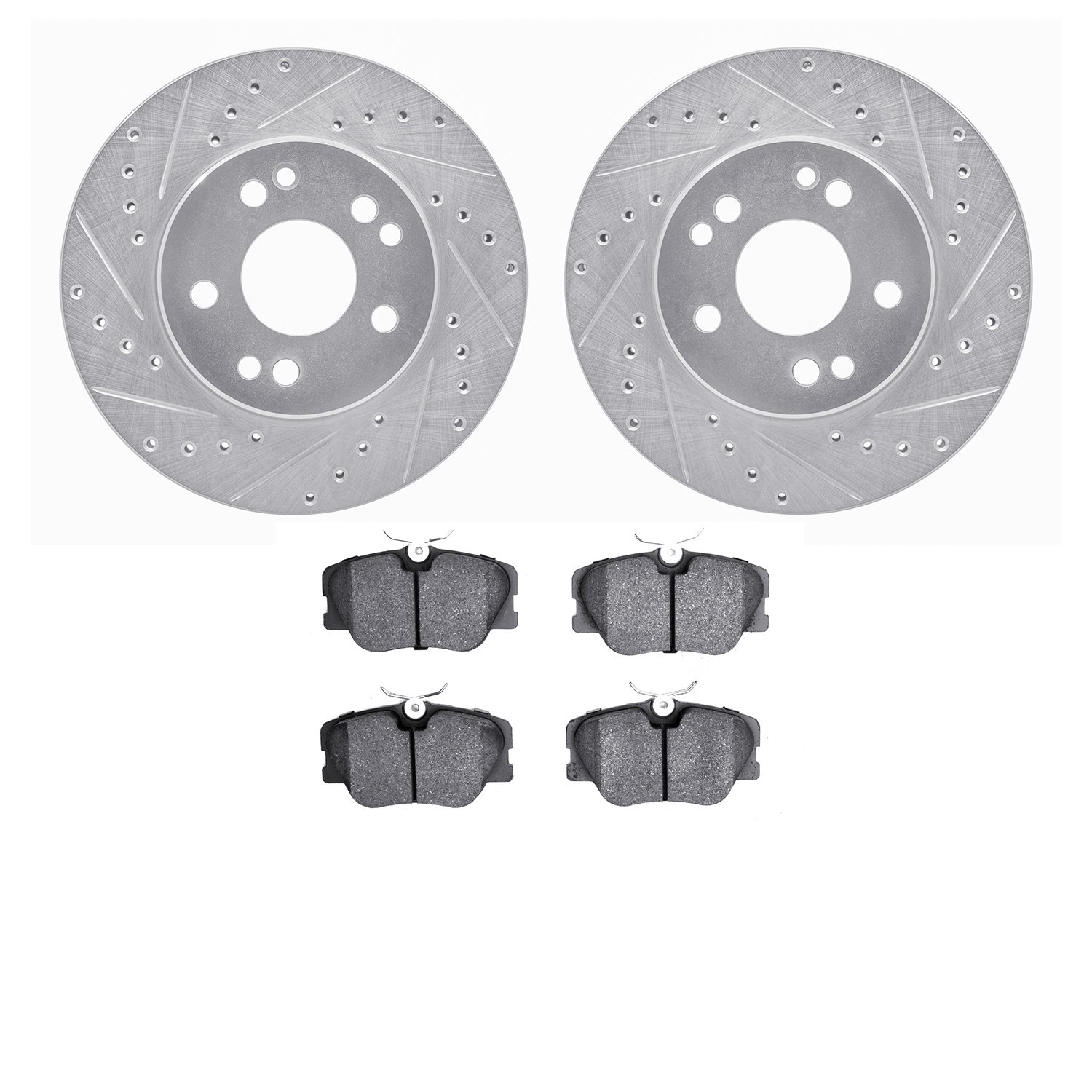 7602-63019 Drilled/Slotted Brake Rotors w/5000 Euro Ceramic Brake Pads Kit [Silver], 1984-1995 Mercedes-Benz, Position: Front