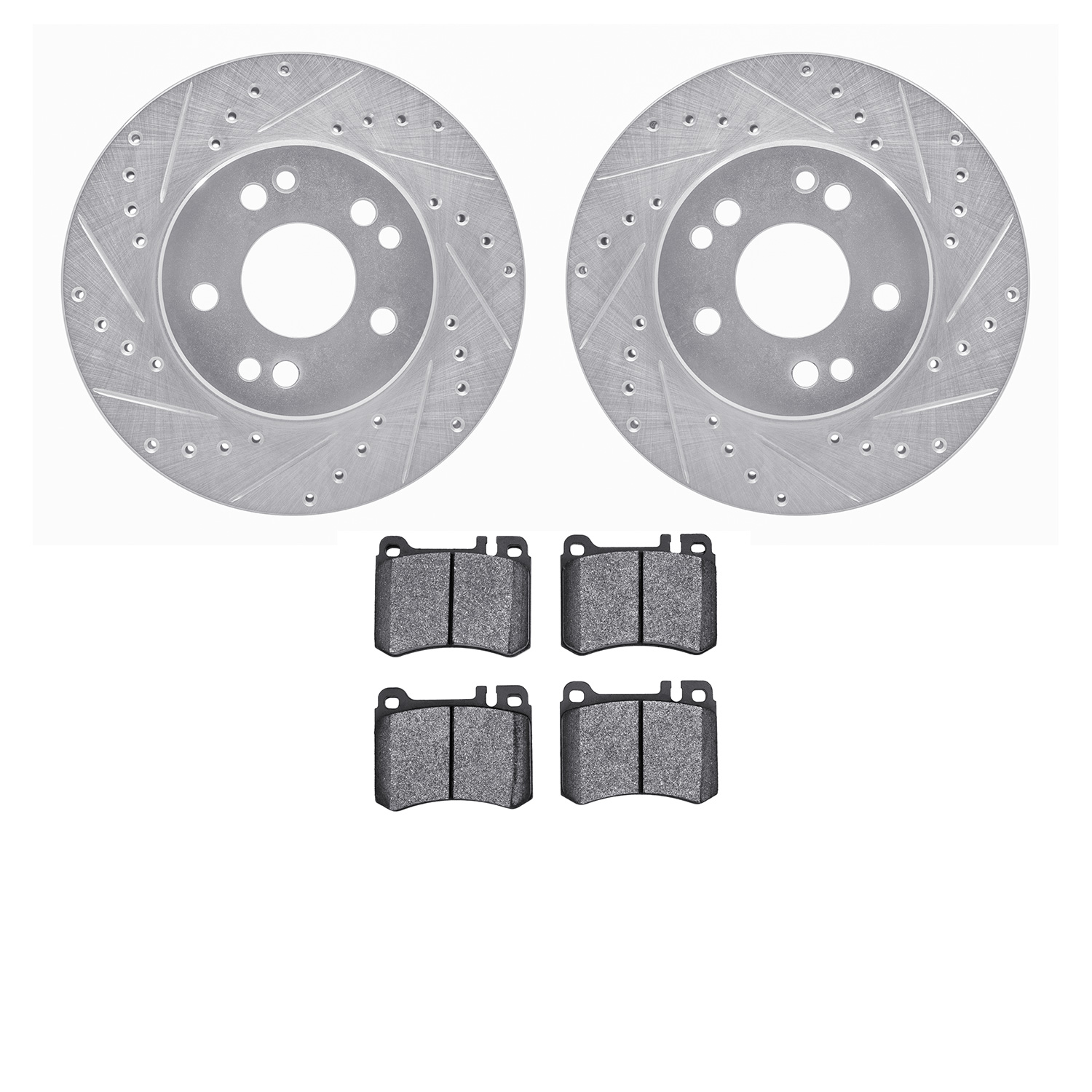 7602-63020 Drilled/Slotted Brake Rotors w/5000 Euro Ceramic Brake Pads Kit [Silver], 1986-1989 Mercedes-Benz, Position: Front