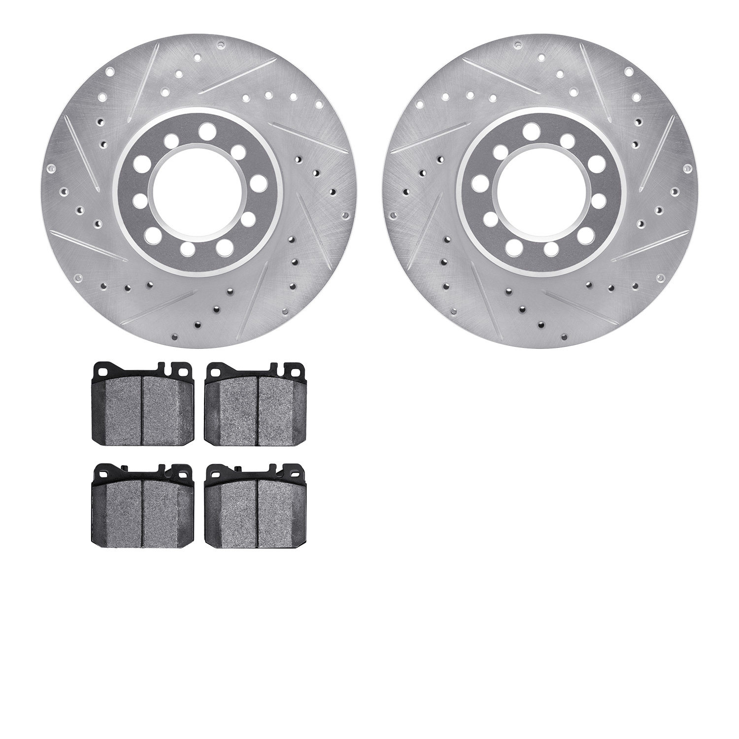 7602-63021 Drilled/Slotted Brake Rotors w/5000 Euro Ceramic Brake Pads Kit [Silver], 1985-1991 Mercedes-Benz, Position: Front