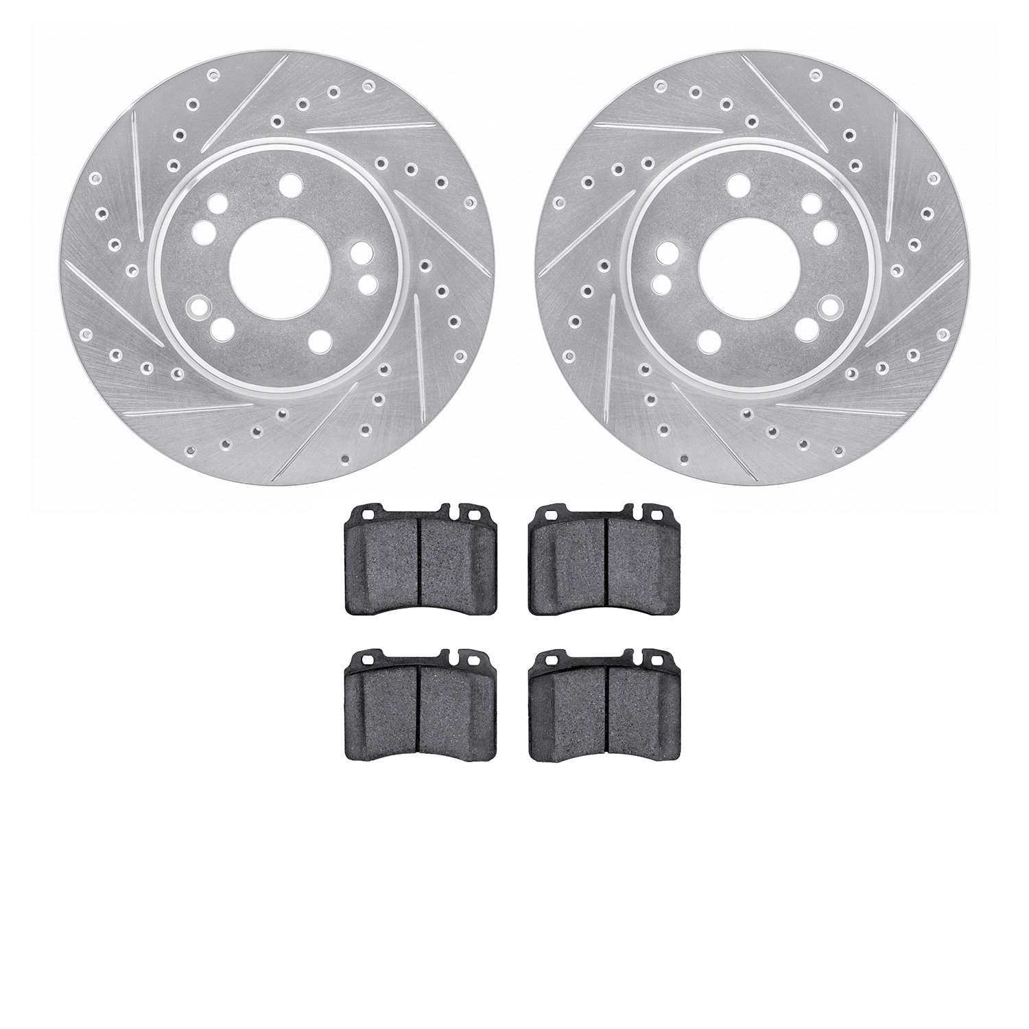 7602-63023 Drilled/Slotted Brake Rotors w/5000 Euro Ceramic Brake Pads Kit [Silver], 1990-1998 Mercedes-Benz, Position: Front