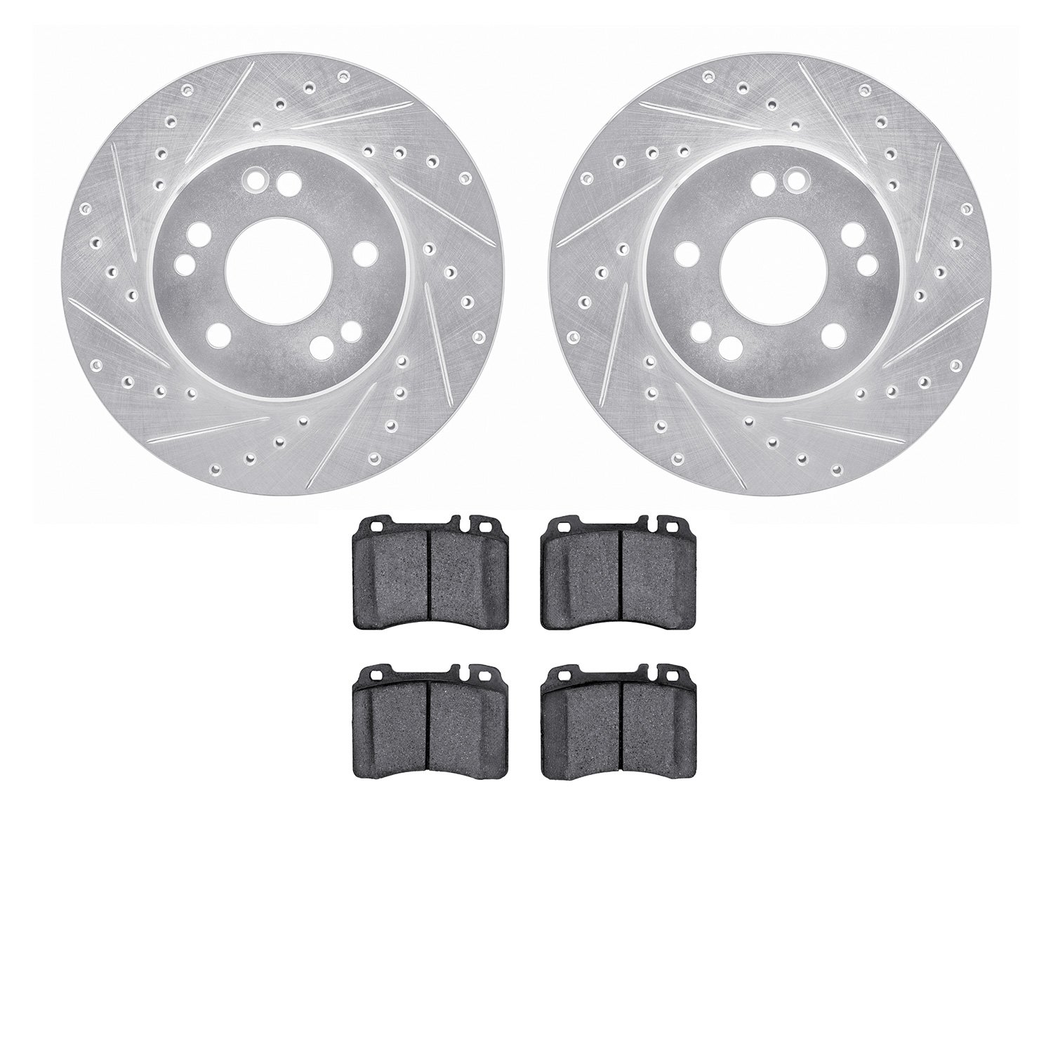 7602-63024 Drilled/Slotted Brake Rotors w/5000 Euro Ceramic Brake Pads Kit [Silver], 1990-1995 Mercedes-Benz, Position: Front