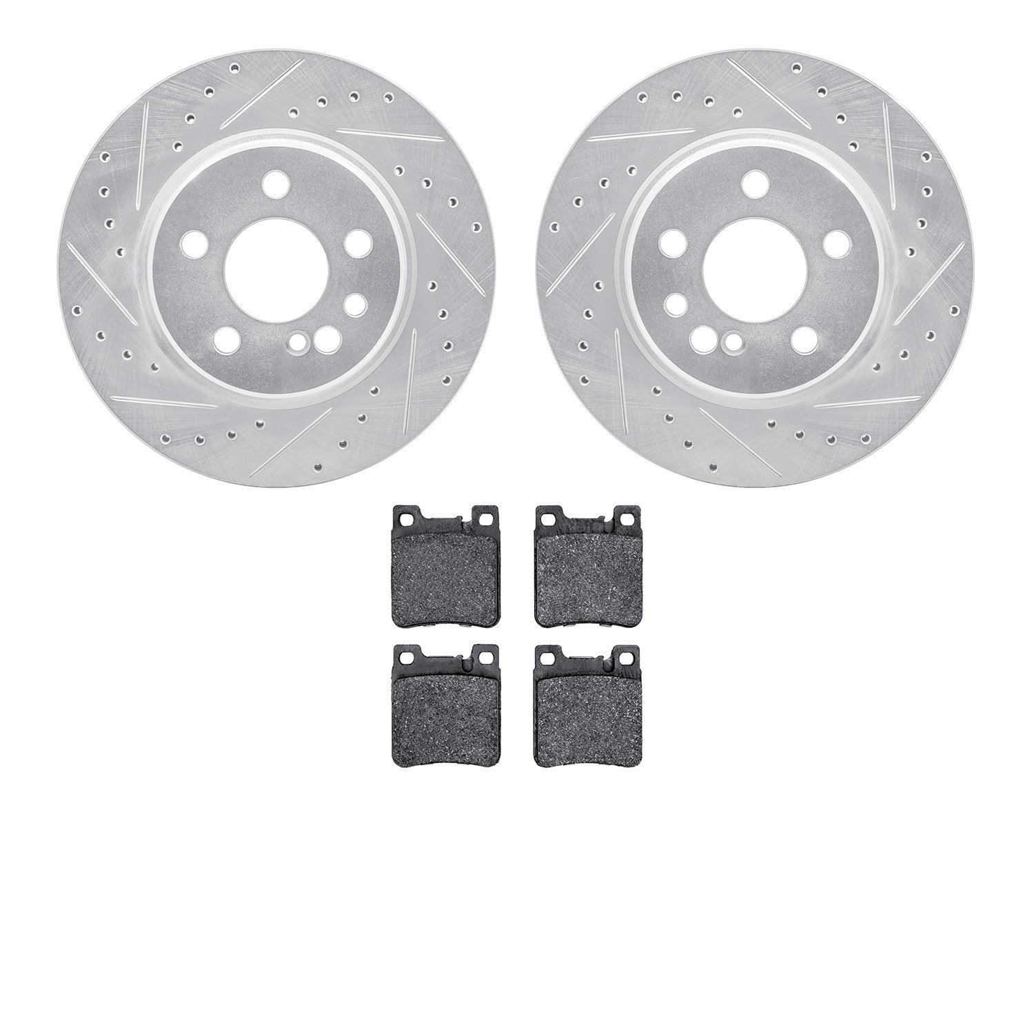 7602-63026 Drilled/Slotted Brake Rotors w/5000 Euro Ceramic Brake Pads Kit [Silver], 1992-1999 Mercedes-Benz, Position: Rear