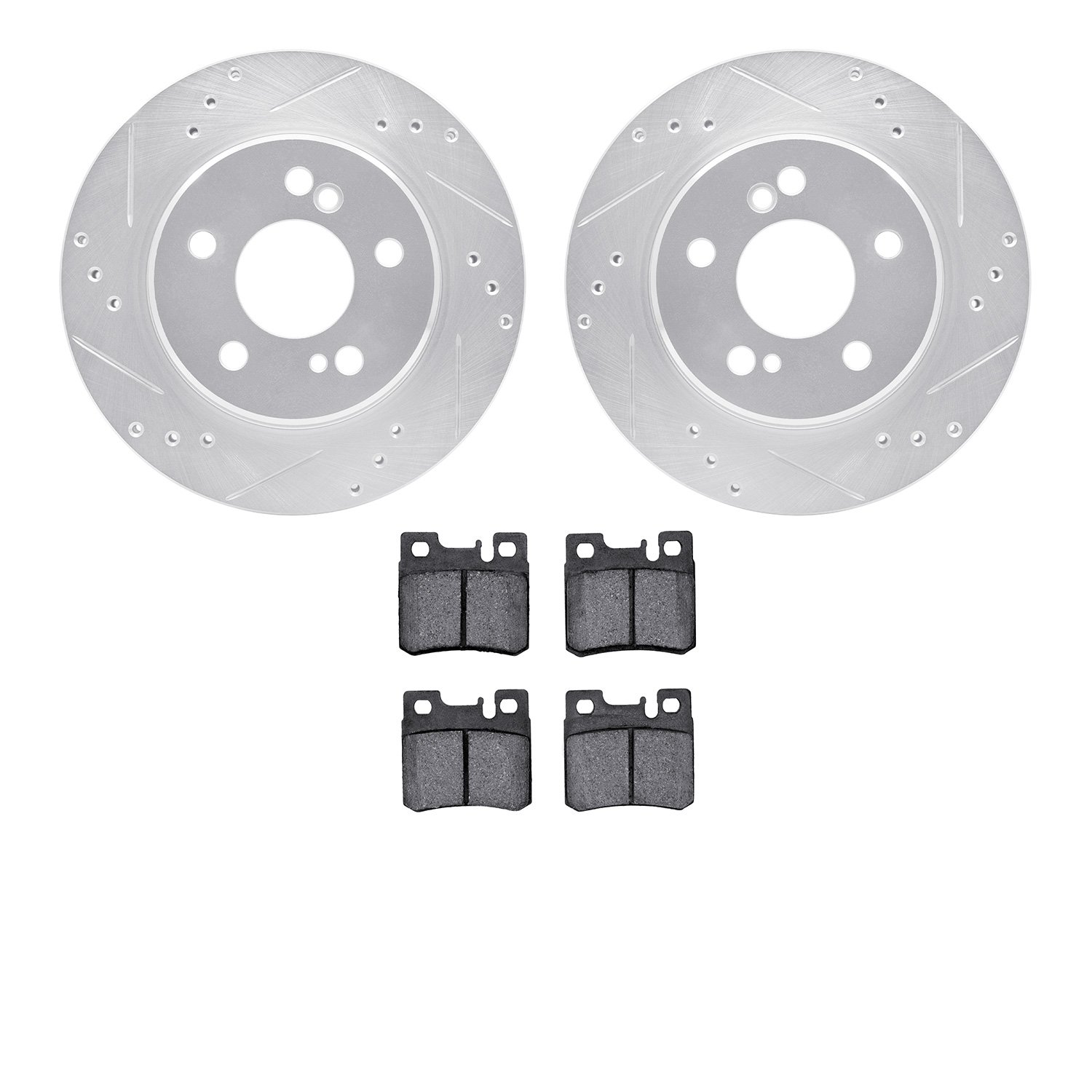 7602-63028 Drilled/Slotted Brake Rotors w/5000 Euro Ceramic Brake Pads Kit [Silver], 1992-1995 Mercedes-Benz, Position: Rear