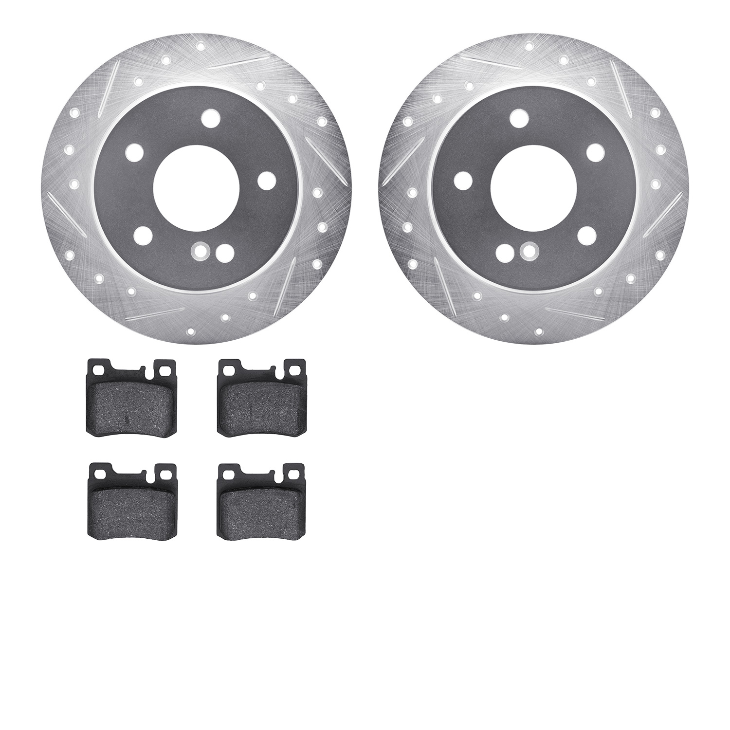 7602-63030 Drilled/Slotted Brake Rotors w/5000 Euro Ceramic Brake Pads Kit [Silver], 1994-1995 Mercedes-Benz, Position: Rear