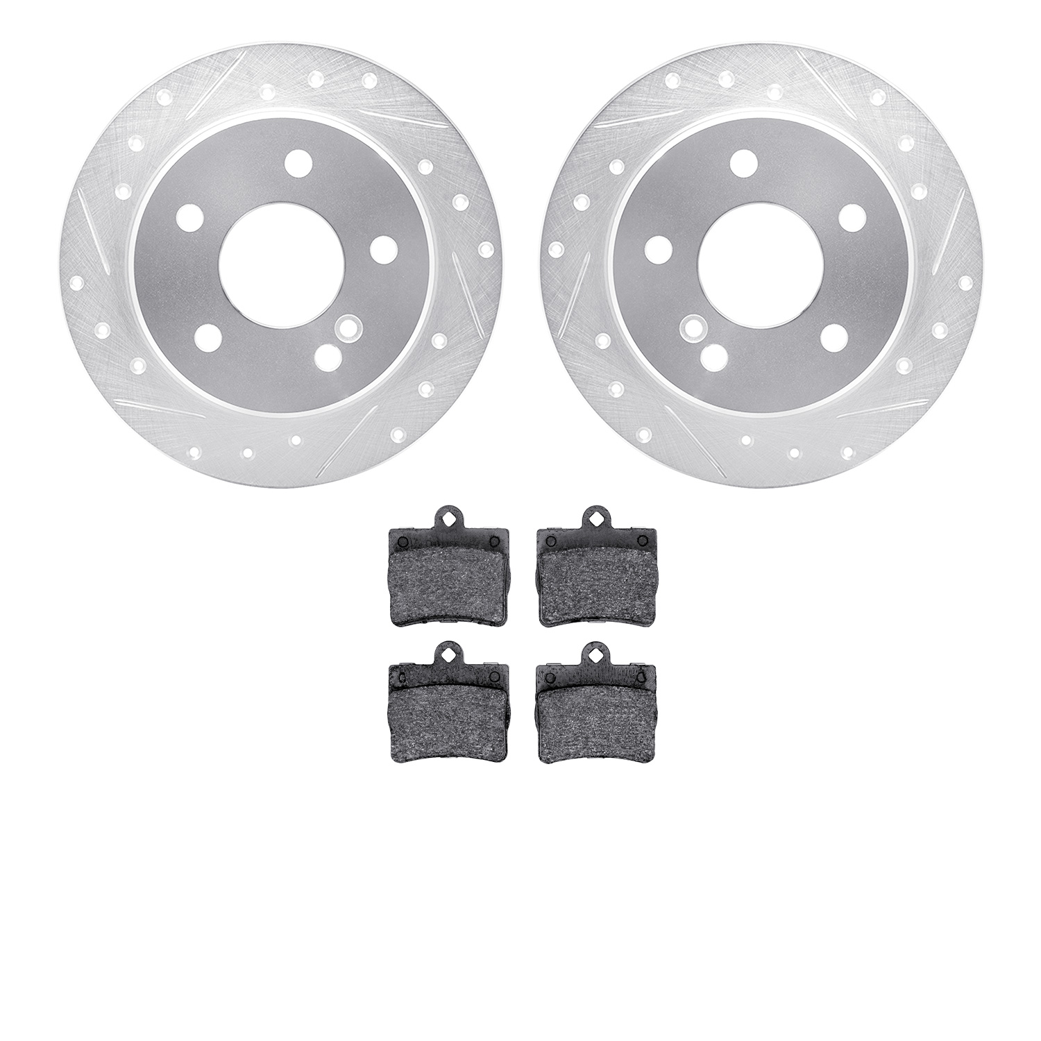 7602-63031 Drilled/Slotted Brake Rotors w/5000 Euro Ceramic Brake Pads Kit [Silver], 1994-1998 Mercedes-Benz, Position: Rear