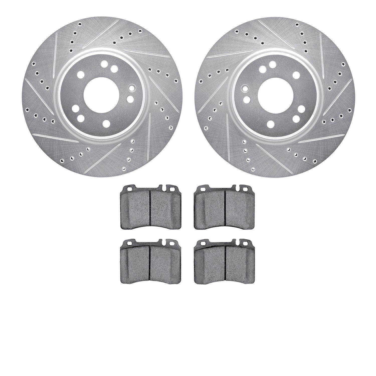 7602-63032 Drilled/Slotted Brake Rotors w/5000 Euro Ceramic Brake Pads Kit [Silver], 1994-2002 Mercedes-Benz, Position: Front