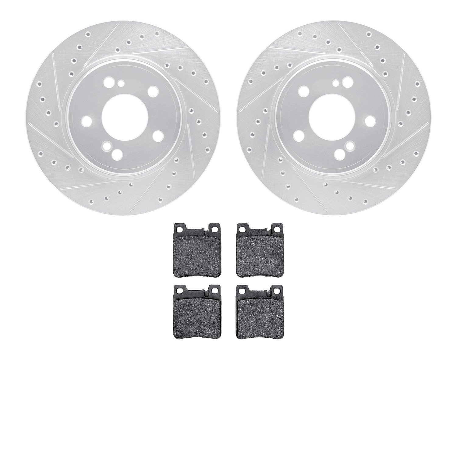 7602-63033 Drilled/Slotted Brake Rotors w/5000 Euro Ceramic Brake Pads Kit [Silver], 1993-2002 Mercedes-Benz, Position: Rear