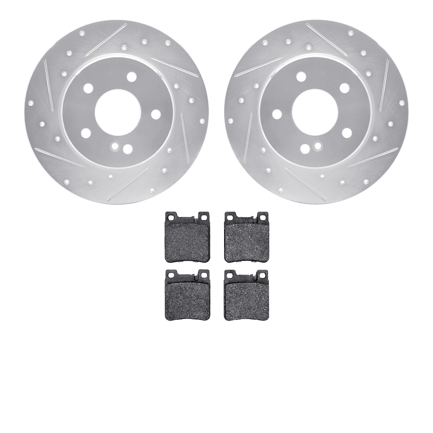 7602-63035 Drilled/Slotted Brake Rotors w/5000 Euro Ceramic Brake Pads Kit [Silver], 1994-2000 Mercedes-Benz, Position: Rear