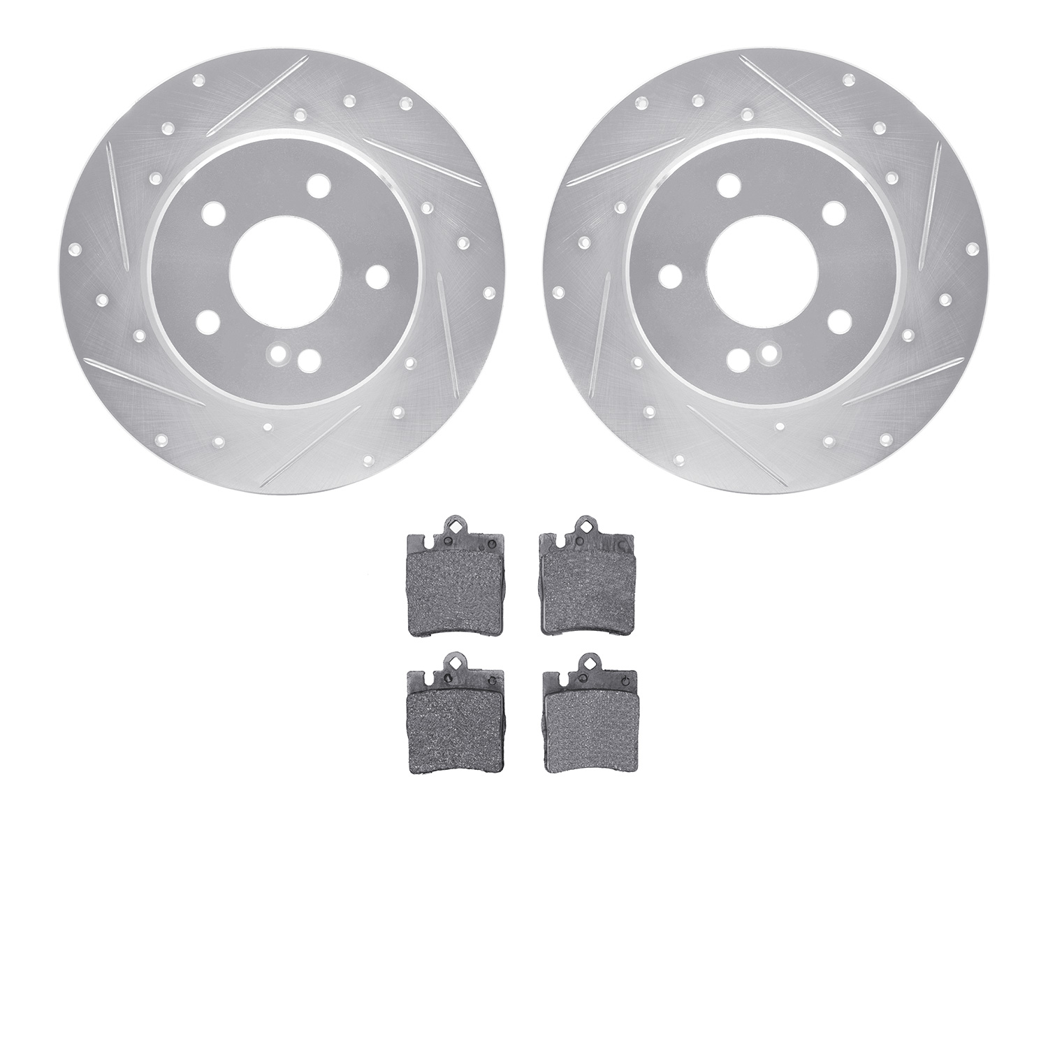 7602-63036 Drilled/Slotted Brake Rotors w/5000 Euro Ceramic Brake Pads Kit [Silver], 1996-2011 Mercedes-Benz, Position: Rear