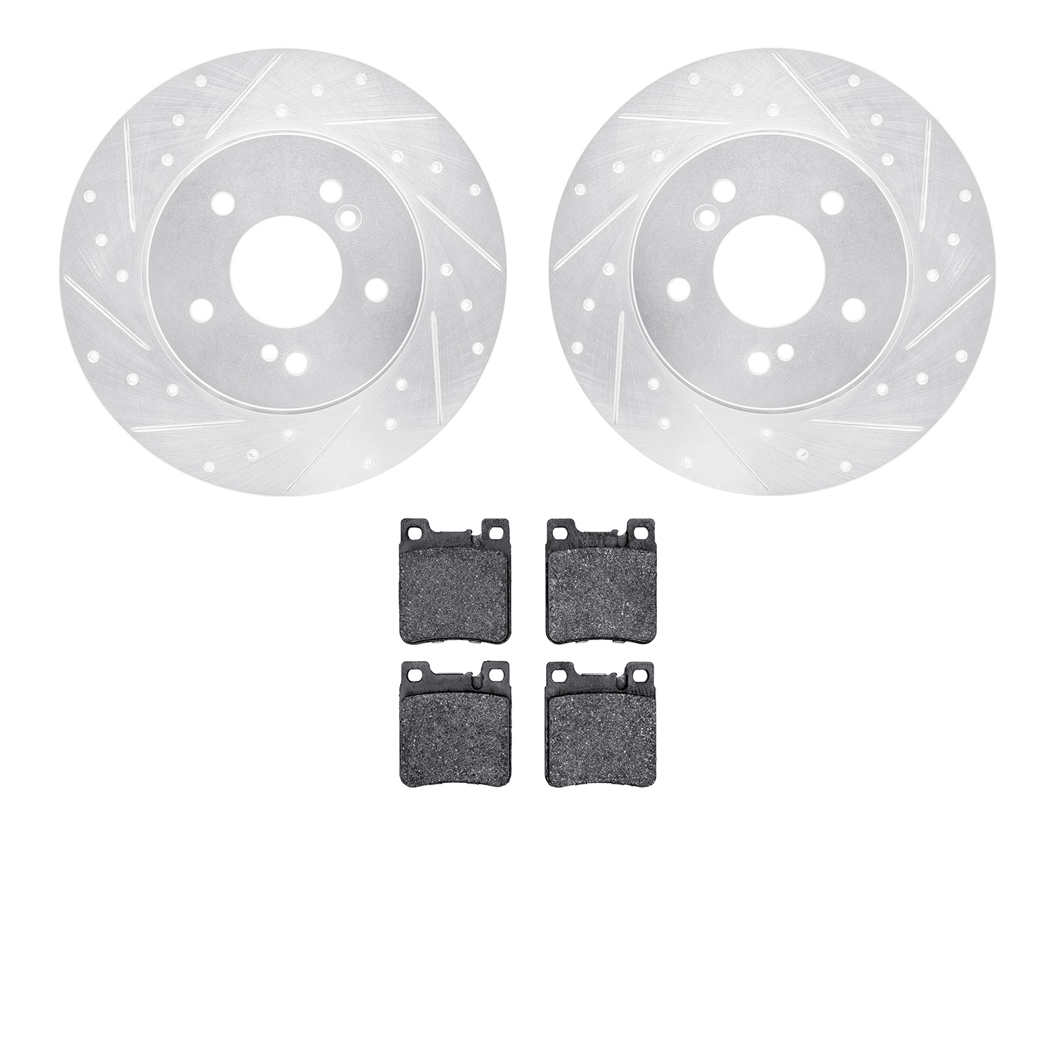 7602-63037 Drilled/Slotted Brake Rotors w/5000 Euro Ceramic Brake Pads Kit [Silver], 1996-1998 Mercedes-Benz, Position: Rear