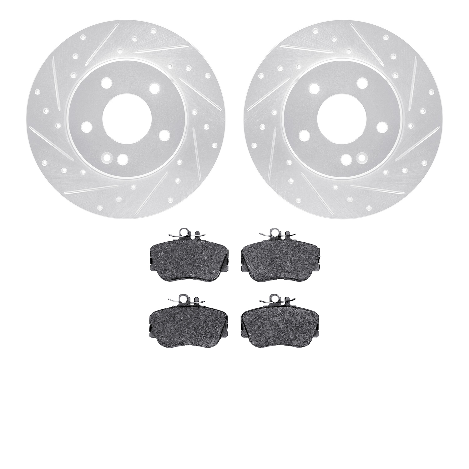 7602-63038 Drilled/Slotted Brake Rotors w/5000 Euro Ceramic Brake Pads Kit [Silver], 1997-1998 Mercedes-Benz, Position: Front
