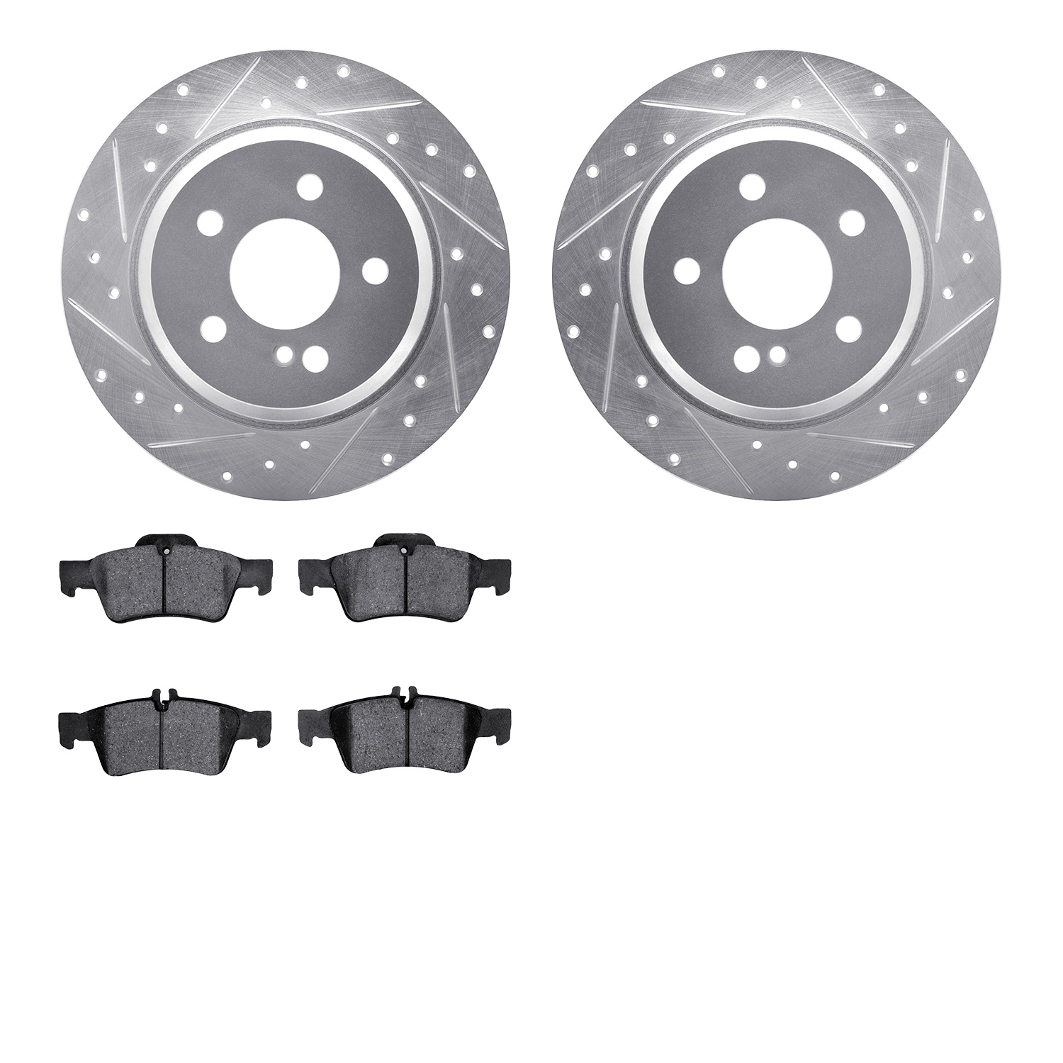 7602-63048 Drilled/Slotted Brake Rotors w/5000 Euro Ceramic Brake Pads Kit [Silver], 2003-2016 Mercedes-Benz, Position: Rear