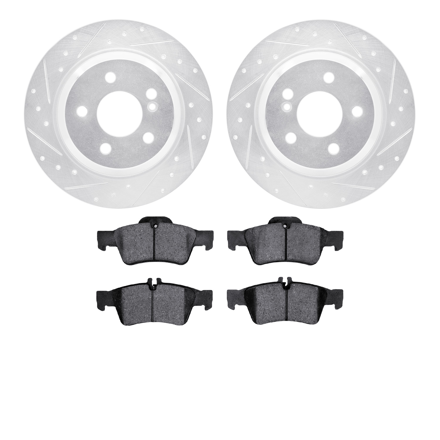 7602-63049 Drilled/Slotted Brake Rotors w/5000 Euro Ceramic Brake Pads Kit [Silver], 2003-2006 Mercedes-Benz, Position: Rear