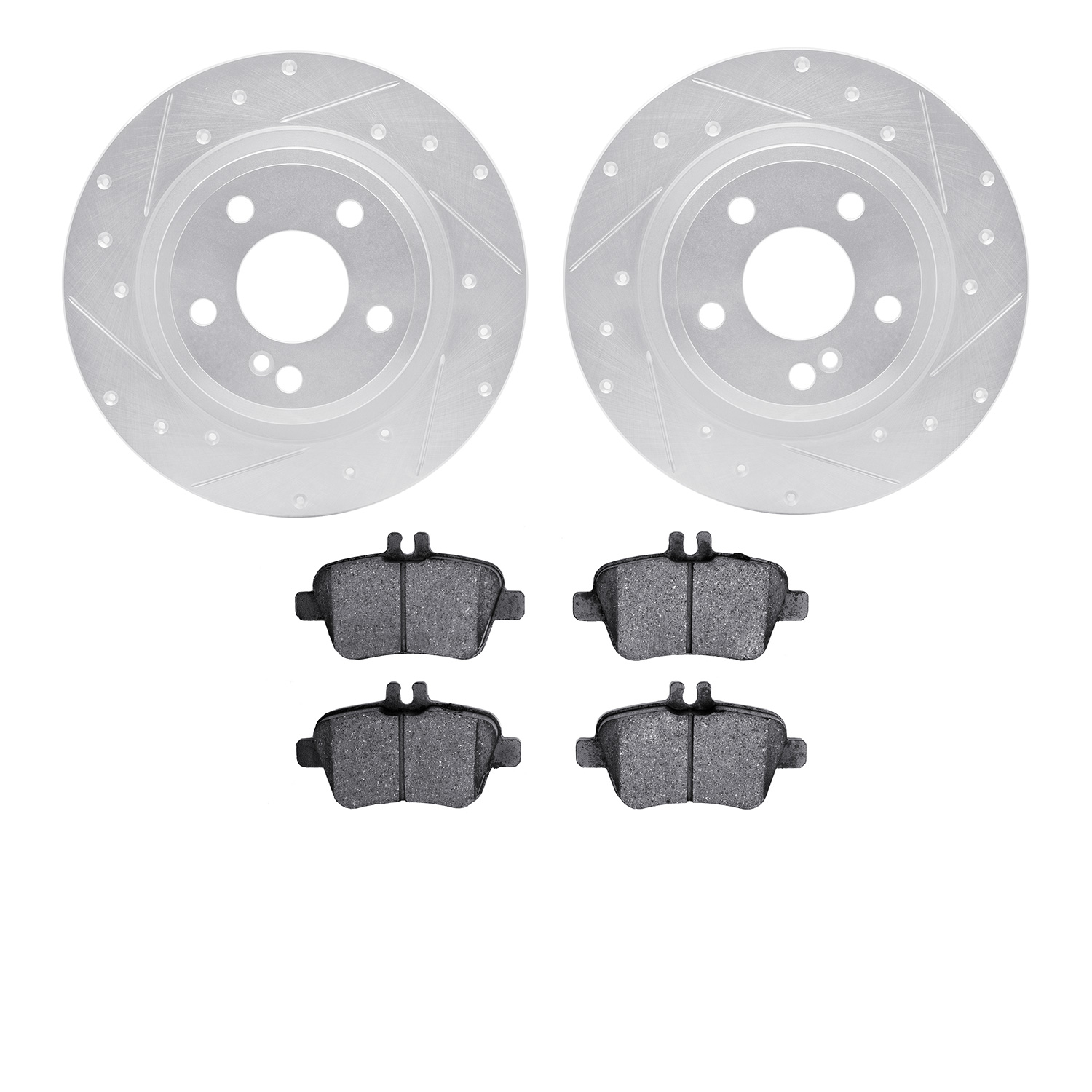 7602-63057 Drilled/Slotted Brake Rotors w/5000 Euro Ceramic Brake Pads Kit [Silver], 2014-2020 Multiple Makes/Models, Position: