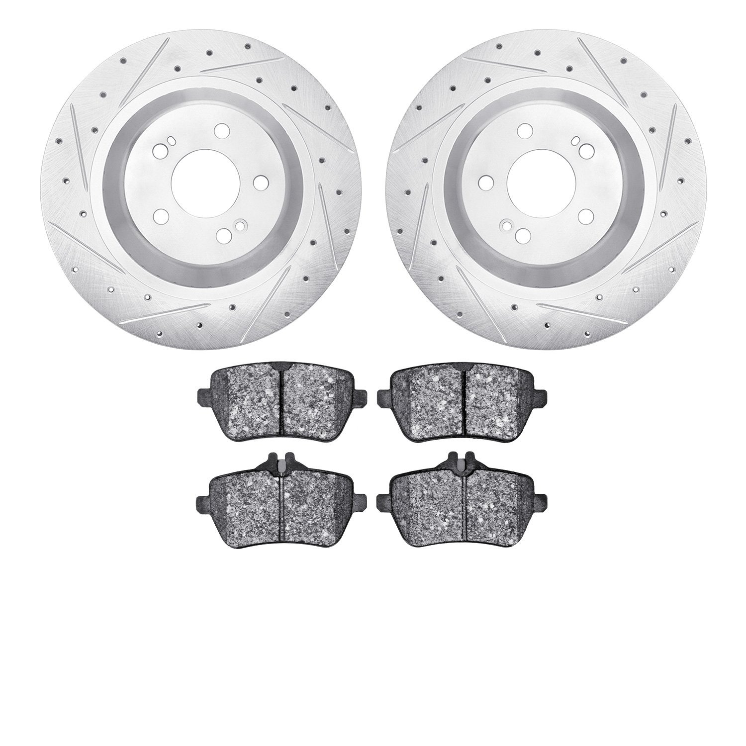 7602-63058 Drilled/Slotted Brake Rotors w/5000 Euro Ceramic Brake Pads Kit [Silver], 2014-2021 Mercedes-Benz, Position: Rear