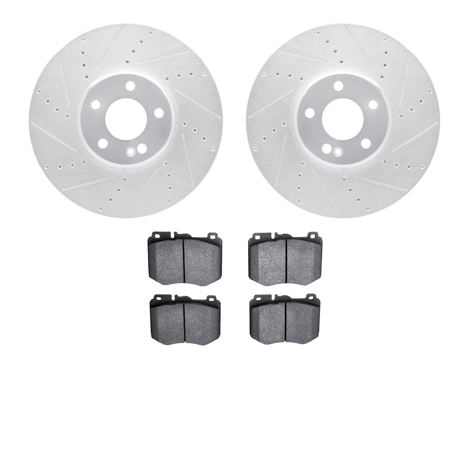 7602-63063 Drilled/Slotted Brake Rotors w/5000 Euro Ceramic Brake Pads Kit [Silver], Fits Select Mercedes-Benz, Position: Front