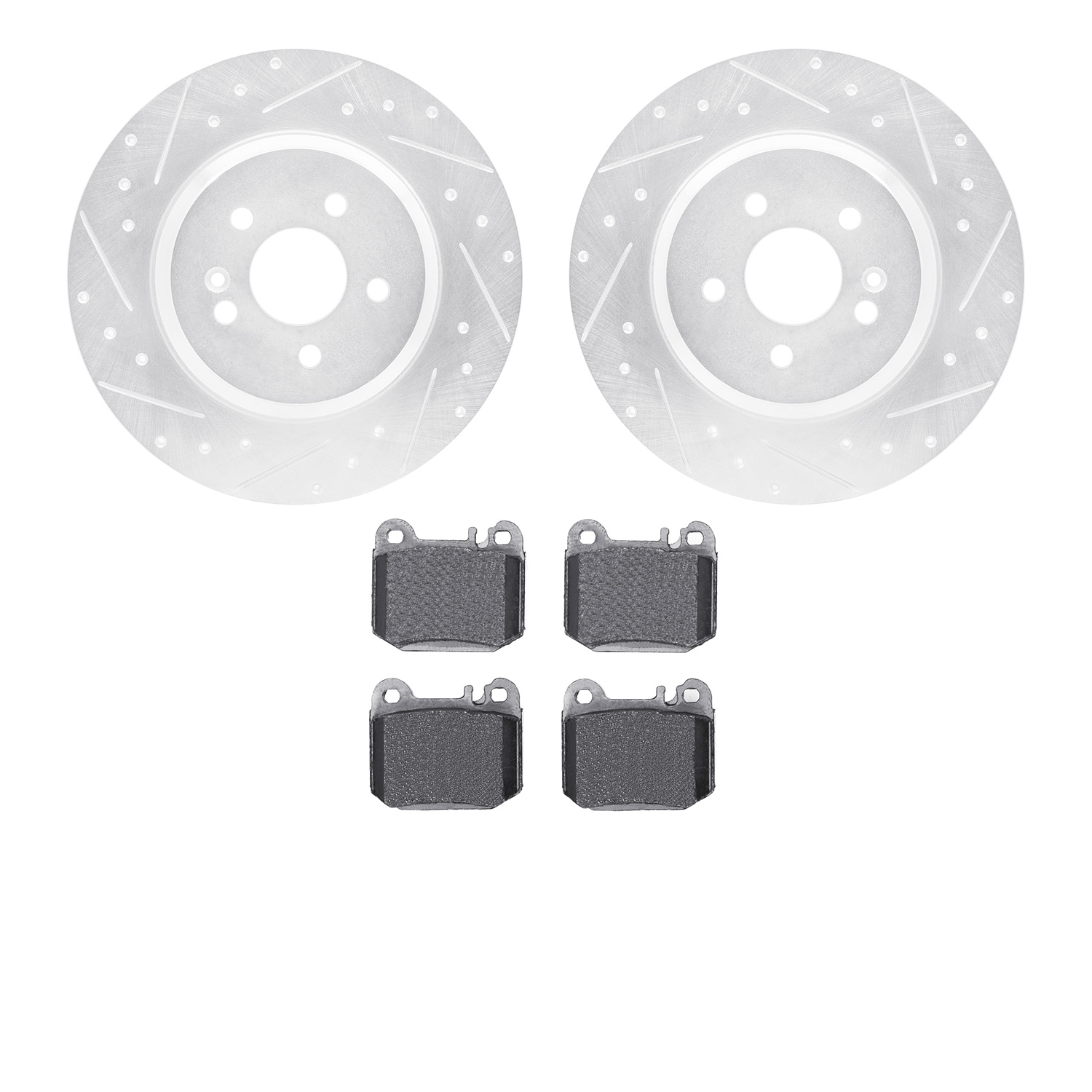 7602-63066 Drilled/Slotted Brake Rotors w/5000 Euro Ceramic Brake Pads Kit [Silver], 2000-2005 Mercedes-Benz, Position: Rear