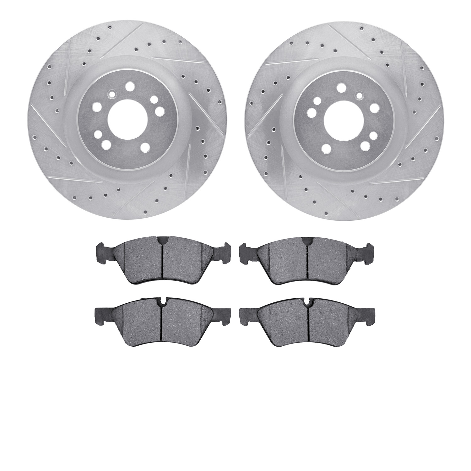 7602-63069 Drilled/Slotted Brake Rotors w/5000 Euro Ceramic Brake Pads Kit [Silver], 2006-2012 Mercedes-Benz, Position: Front