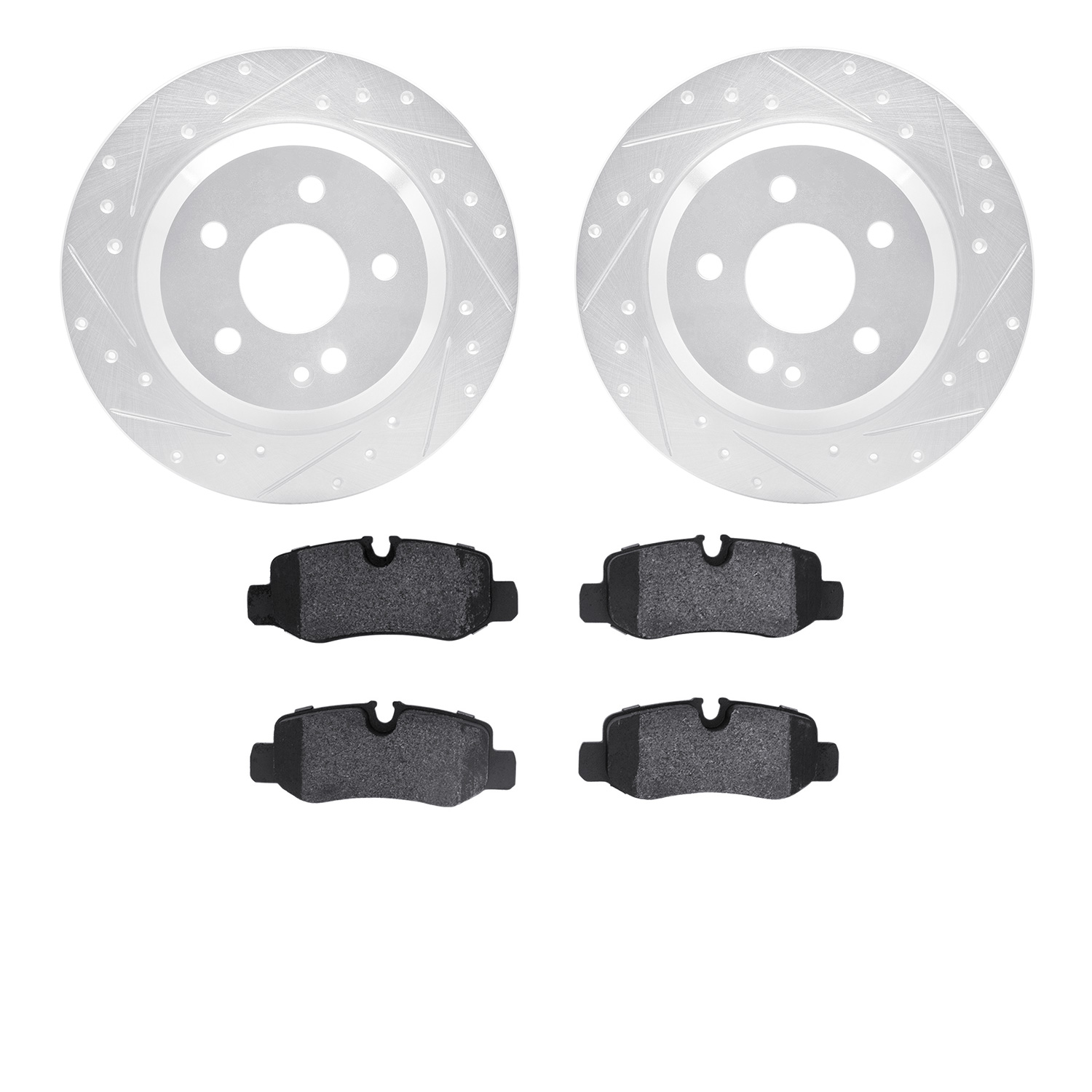7602-63079 Drilled/Slotted Brake Rotors w/5000 Euro Ceramic Brake Pads Kit [Silver], Fits Select Mercedes-Benz, Position: Rear