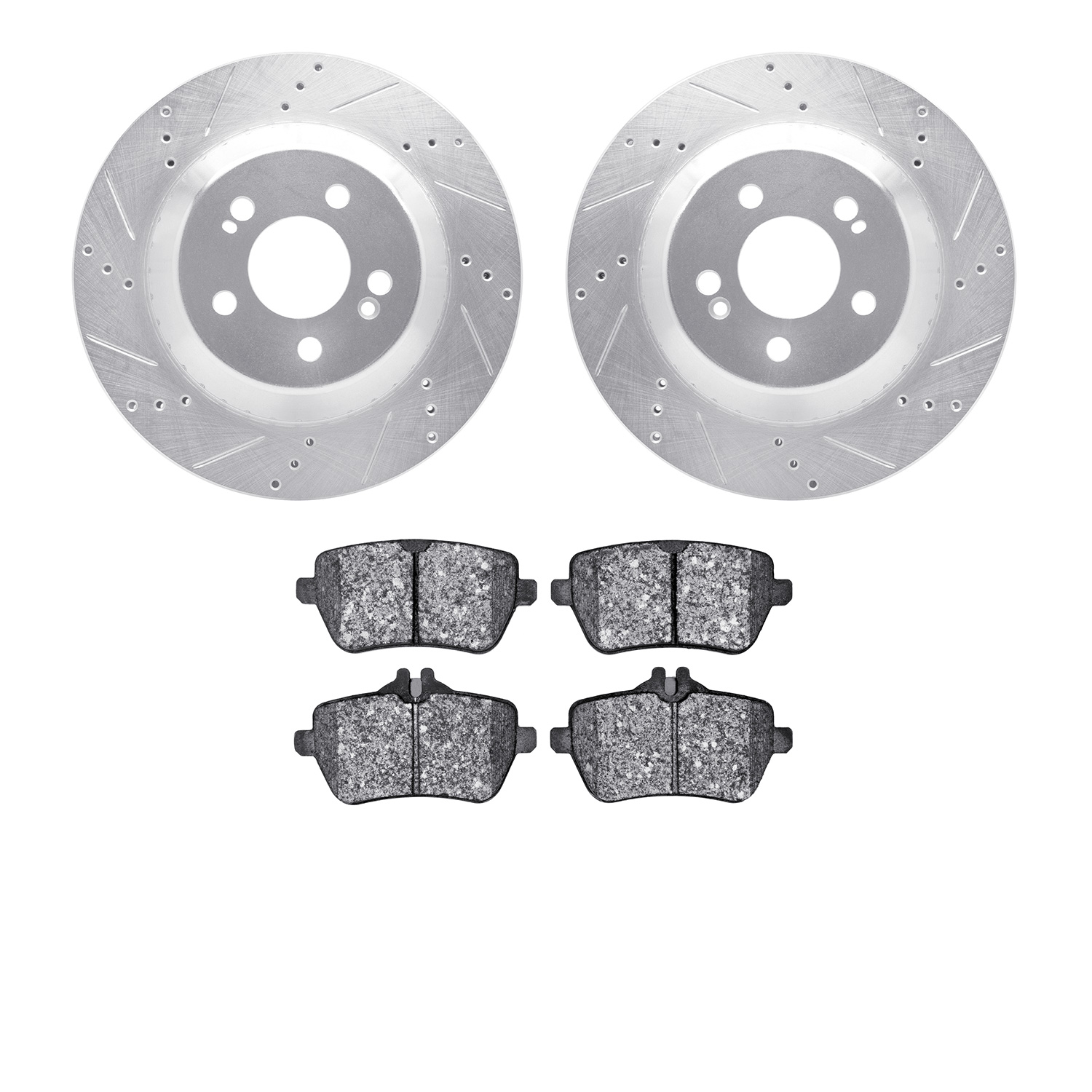 7602-63082 Drilled/Slotted Brake Rotors w/5000 Euro Ceramic Brake Pads Kit [Silver], 2015-2021 Mercedes-Benz, Position: Rear