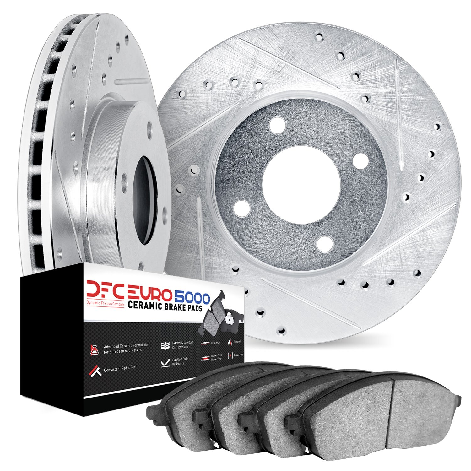 7602-65003 Drilled/Slotted Brake Rotors w/5000 Euro Ceramic Brake Pads Kit [Silver], 1986-1986 GM, Position: Front
