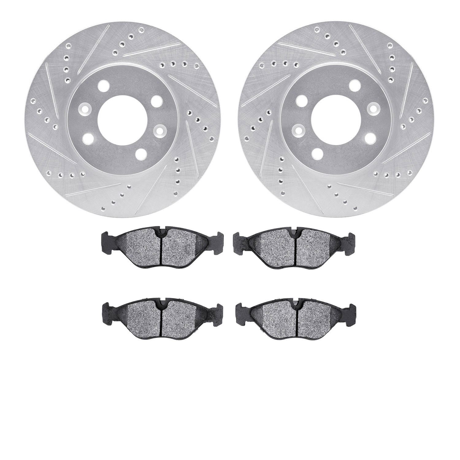 7602-65006 Drilled/Slotted Brake Rotors w/5000 Euro Ceramic Brake Pads Kit [Silver], 1988-1998 GM, Position: Front