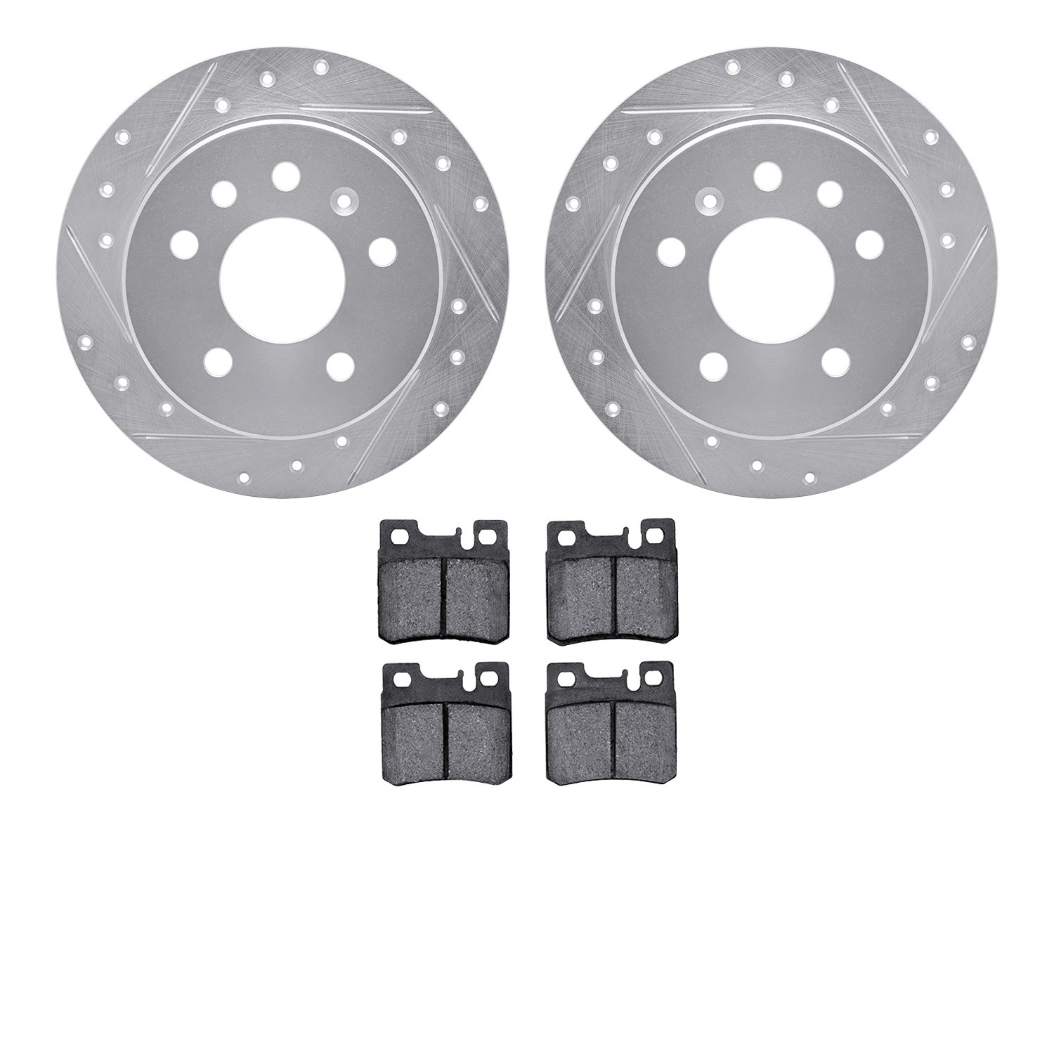 7602-65007 Drilled/Slotted Brake Rotors w/5000 Euro Ceramic Brake Pads Kit [Silver], 1994-1996 GM, Position: Rear